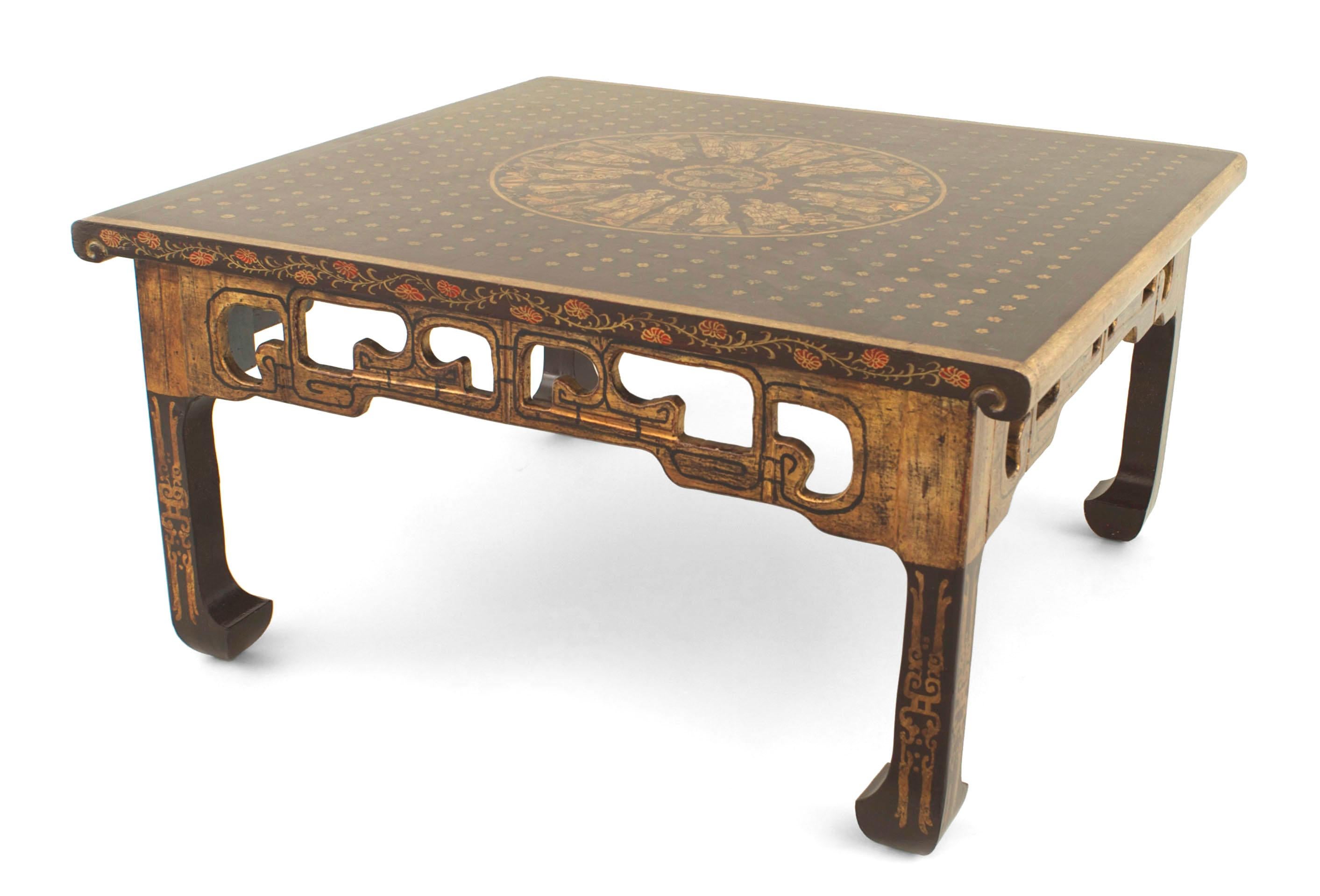 Asian Chinese-style (20th Century) brown lacquered square coffee table with gilt star trim and a large round center medallion with figures and a geometric open apron.
