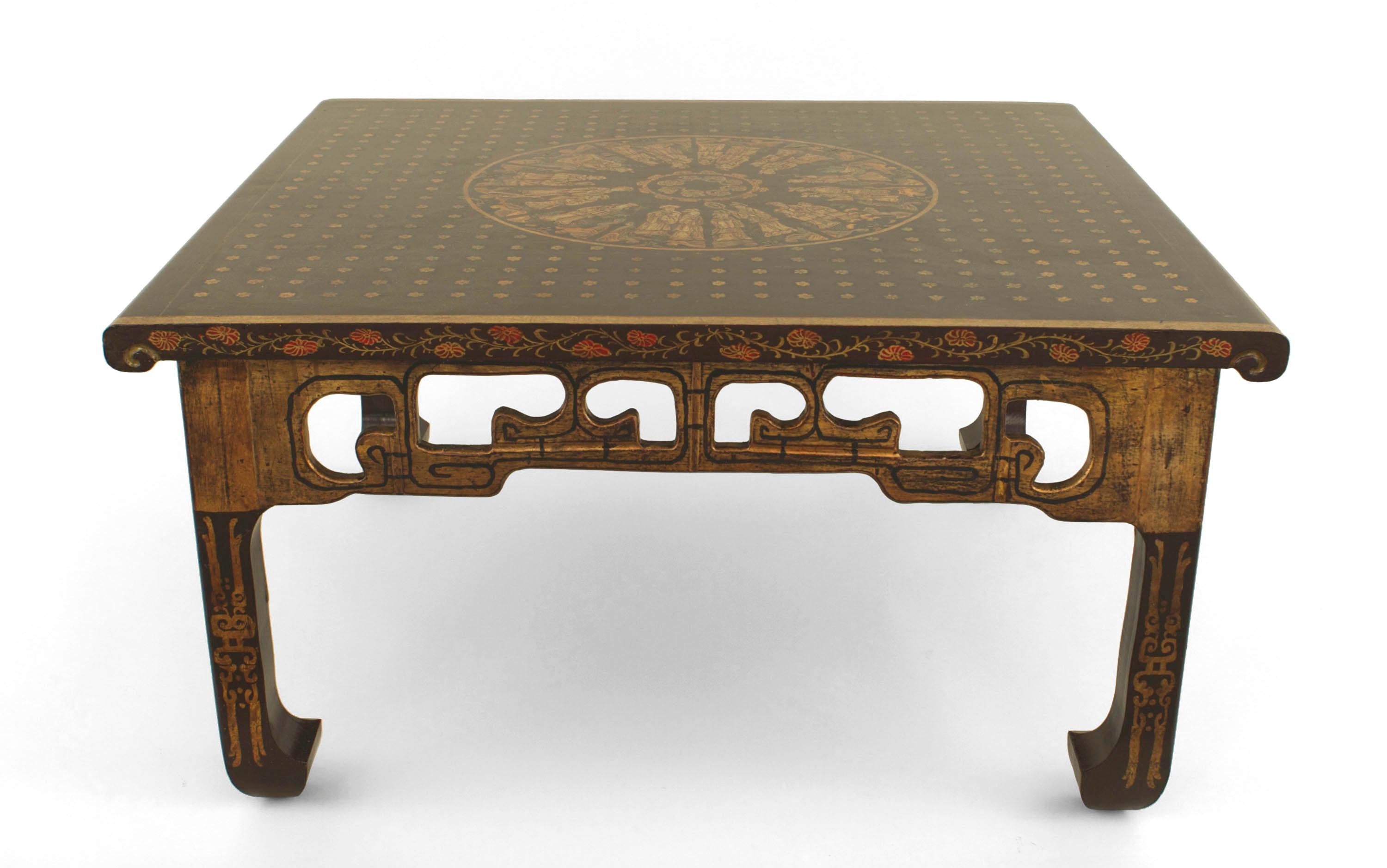 Chinese Export Asian Chinese Style Brown Lacquered Gilt Medallion Coffee Table For Sale