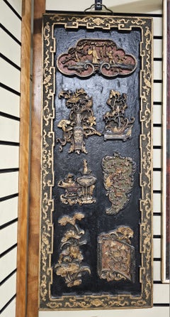 Chinese Parcel Gilt, Ebonized  and Decorated Wood Wall Hanging Plaque
