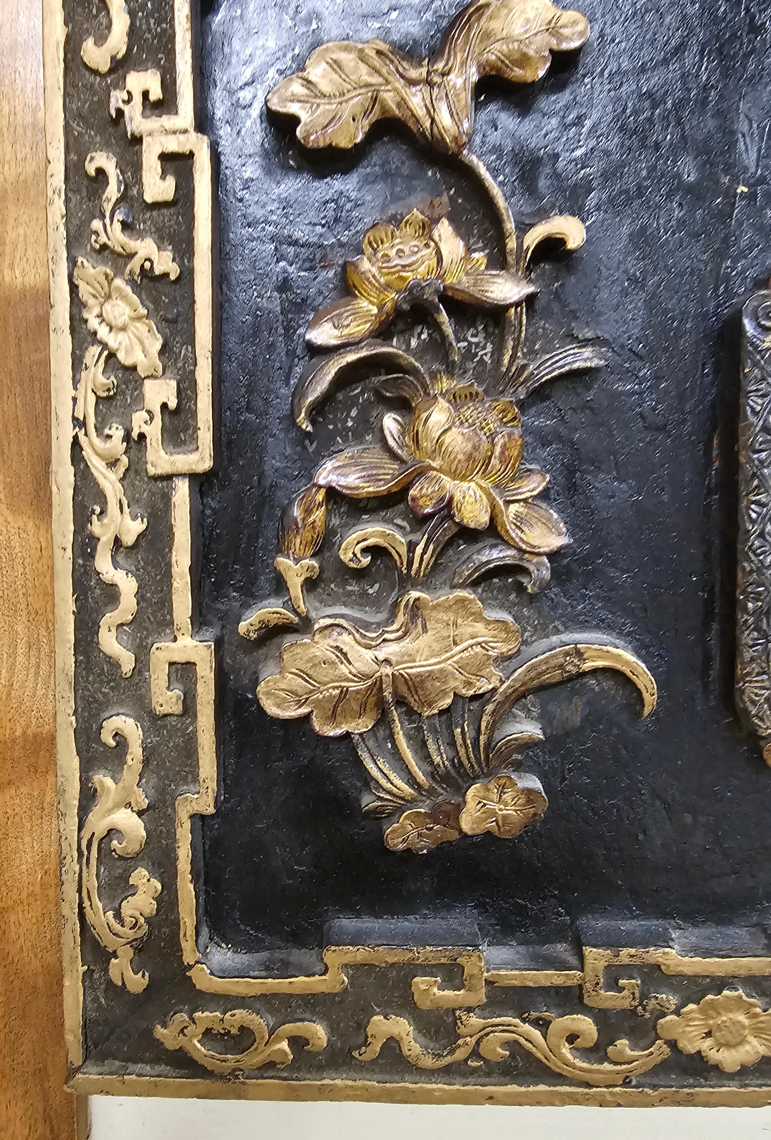 Hardwood Chinese Parcel Gilt, Ebonized  and Decorated Wood Wall Hanging Plaque For Sale