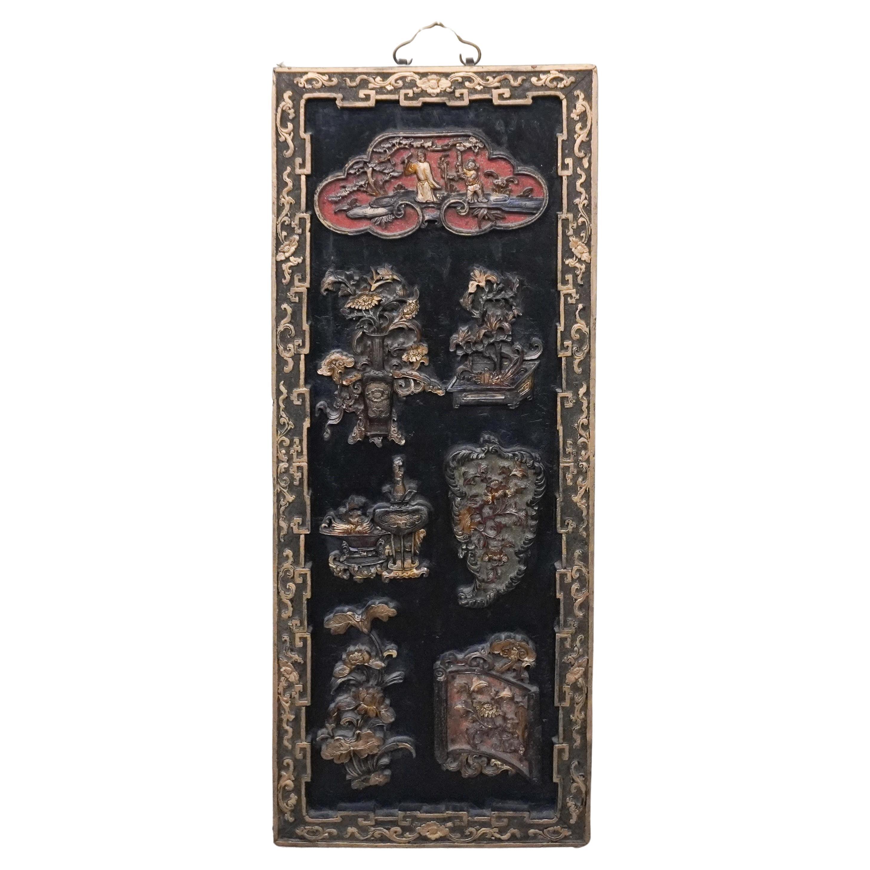 Chinese Parcel Gilt, Ebonized  and Decorated Wood Wall Hanging Plaque