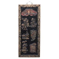 Chinese Parcel Gilt, Ebonized  and Decorated Wood Wall Hanging Plaque
