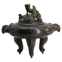 Chinese Patinated Bronze Tripod Covered Censor