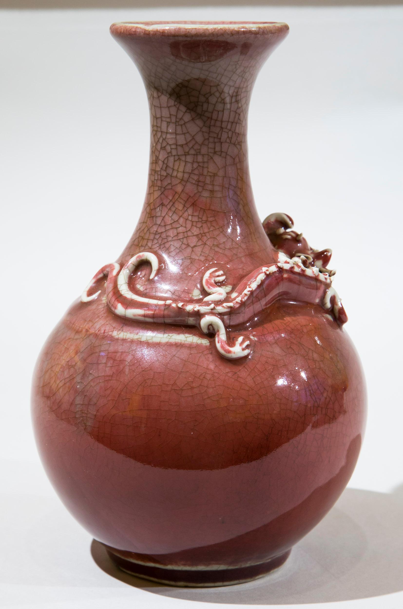 Glazed Chinese Peach Bloom Dragon Vase