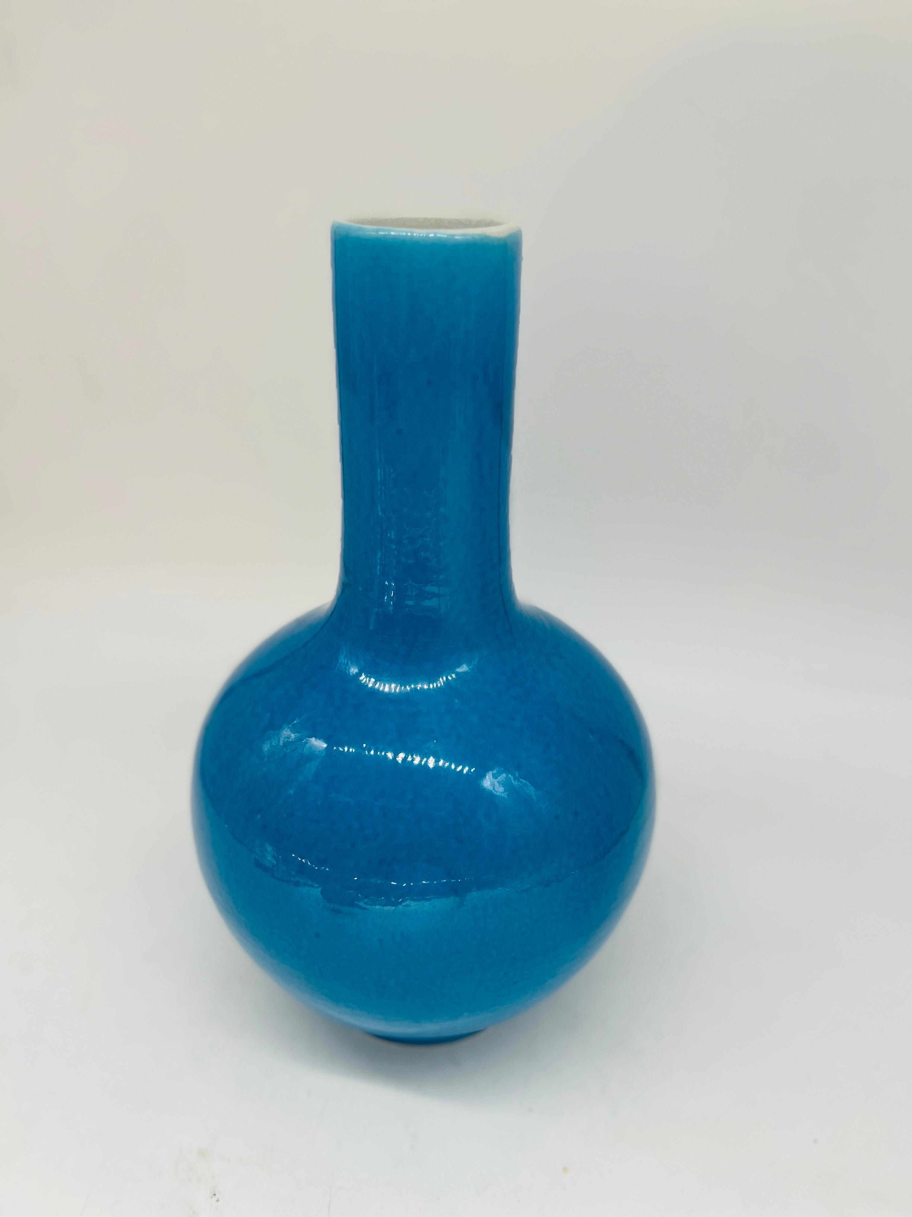 20th Century Chinese Peacock Blue Monochrome Bottle Form Vase 14