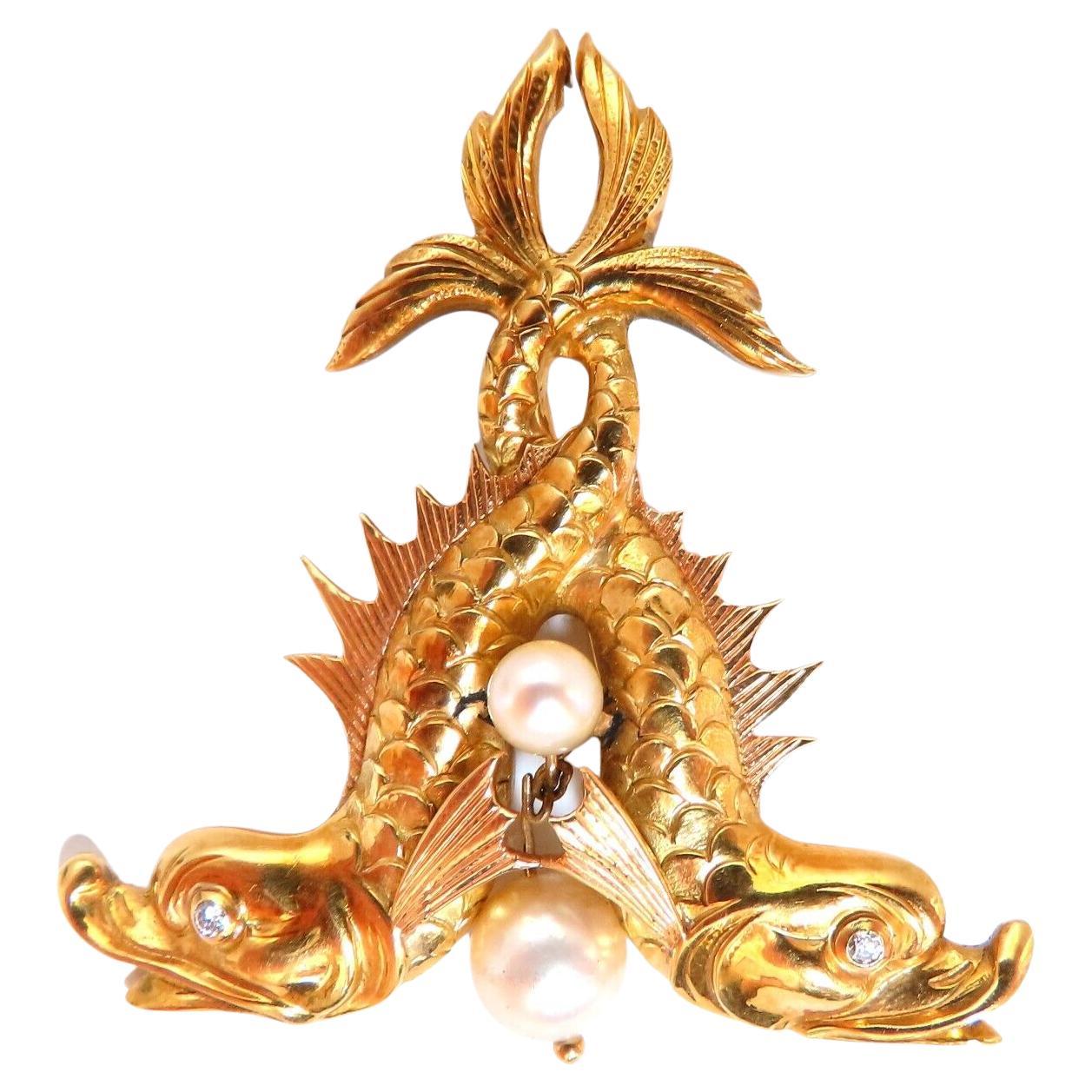 Chinese Pearl Fish Pin 18kt Vintage For Sale