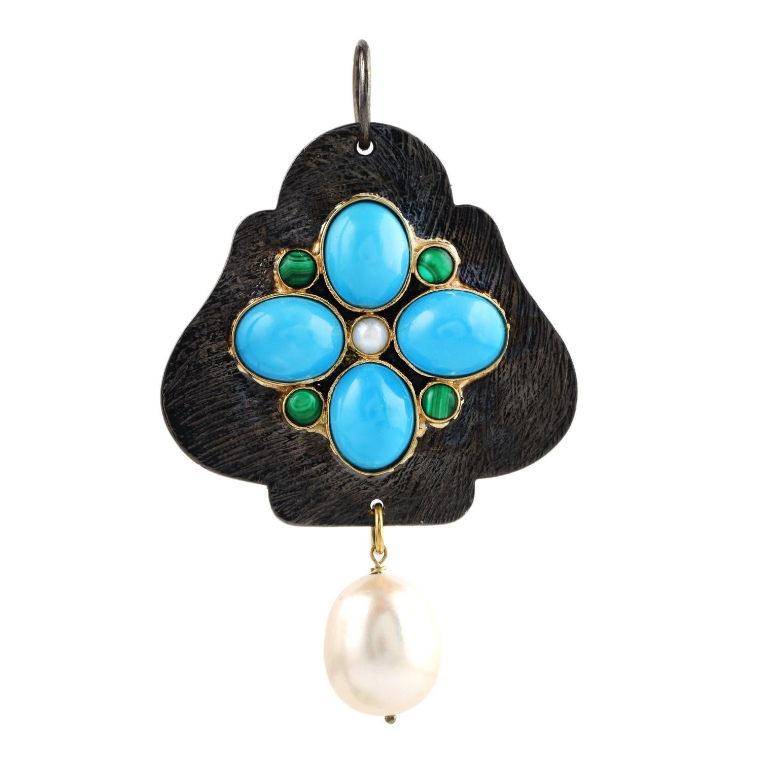 Contemporary Chinese Pearl & Oval Cut Turquoise Malachite Pendant In 18k yellow Gold & Silver For Sale