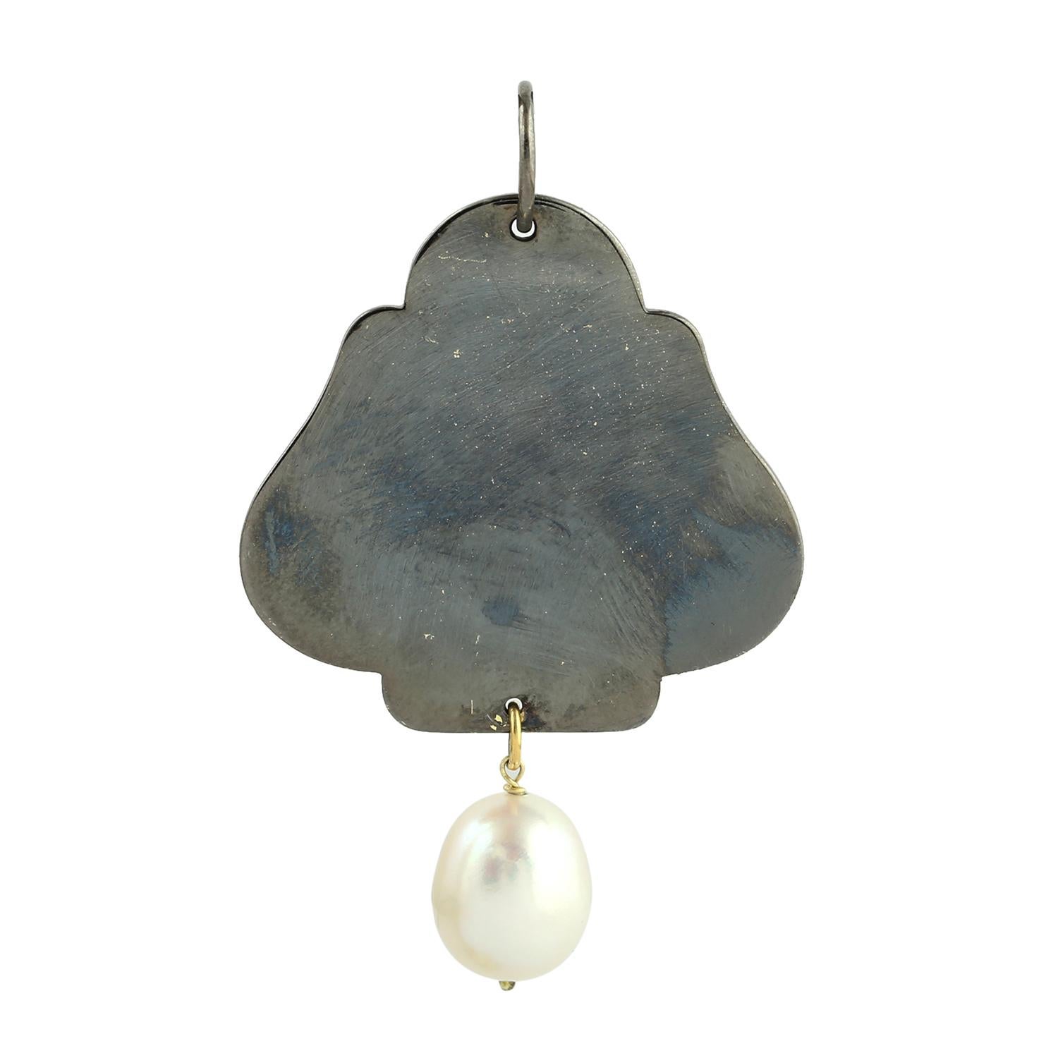 Mixed Cut Chinese Pearl & Oval Cut Turquoise Malachite Pendant In 18k yellow Gold & Silver For Sale