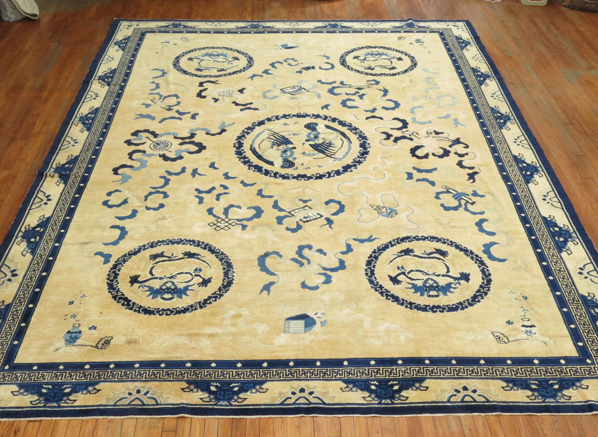 Wool Large Antique Chinese Dragon Rug For Sale