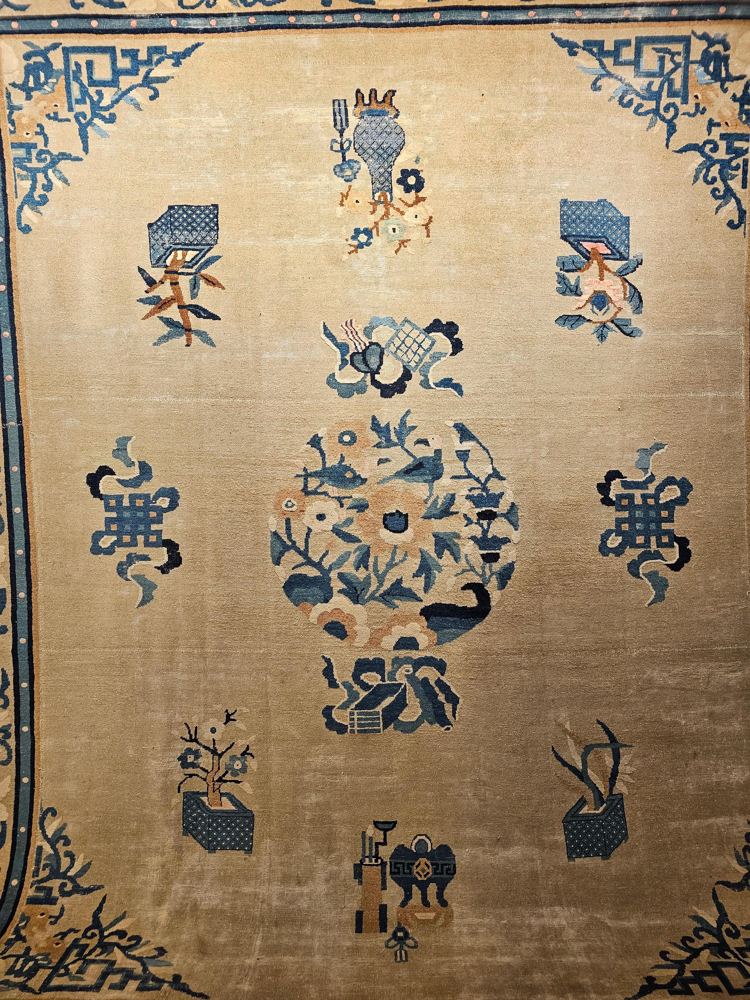 Hand-Woven Vintage Chinese Peking “Near Square” with Good Fortune Symbols in ivory, Blue For Sale