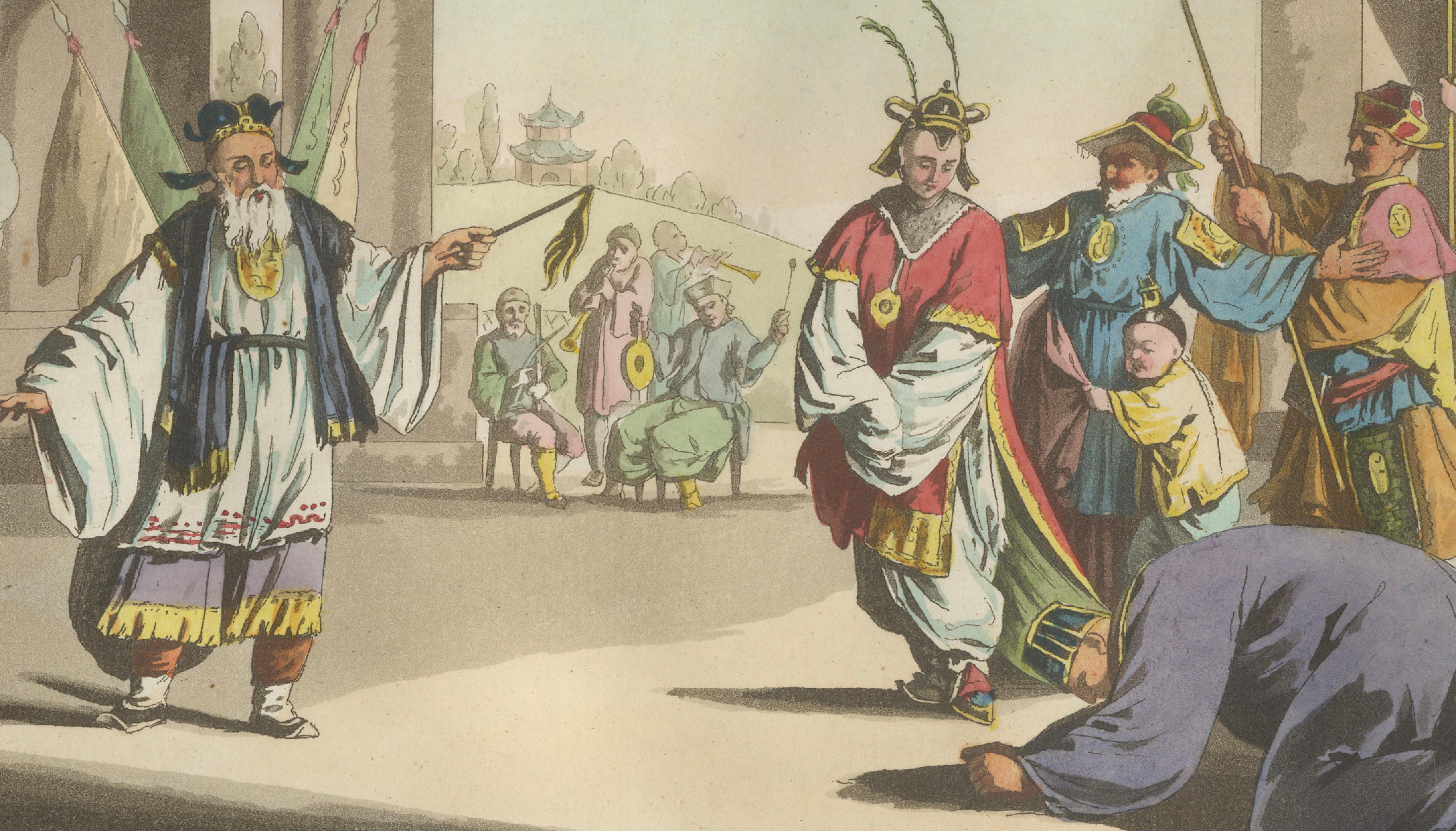Chinese Peking Opera Scene – Ferrario Costume Print, Hand-Colored c.1815