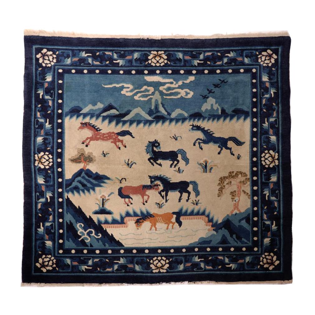 Chinese Peking Pictorial Rug, Blue and Beige, Early 20th century.