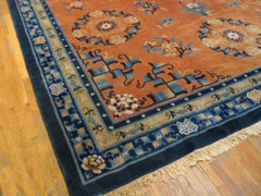 Vintage 1980s Orange Coral Blue Chinese Peking Carpet 12'4" x 18'2" Wool Rug