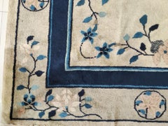 1910s Ivory Floral Antique Chinese Peking Rug 8'2" x 9'9" Handwoven Wool Carpet