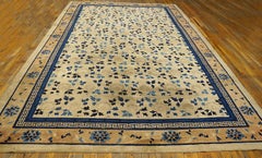 1900s Ivory Neutral Blue Antique Chinese Peking Floral Rug 9'x14'6" Wool Carpet