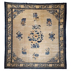 Chinese Peking Rug, Hand-Knotted Wool Pile, Near Square, Fortune Symbols, 1800s
