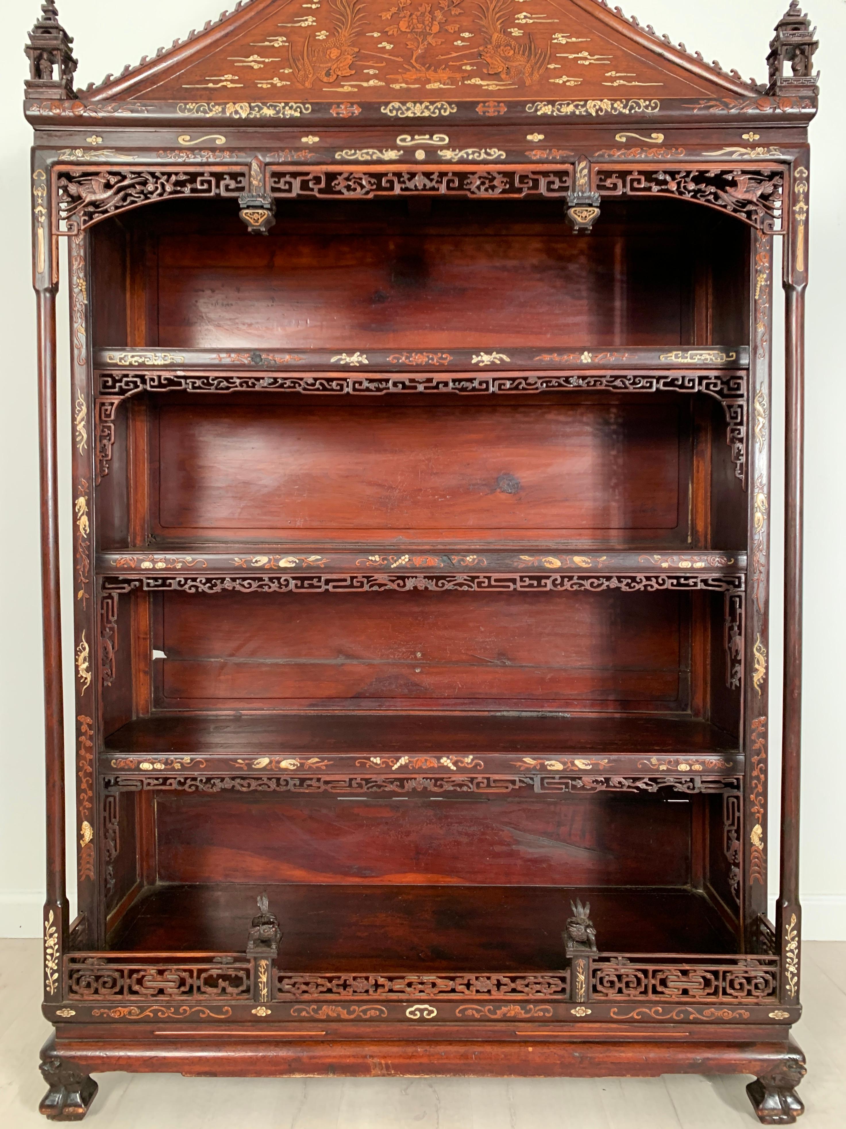 Chinese Peranakan Inlaid Hardwood Pagoda Display Cabinet, Early 20th Century For Sale 3