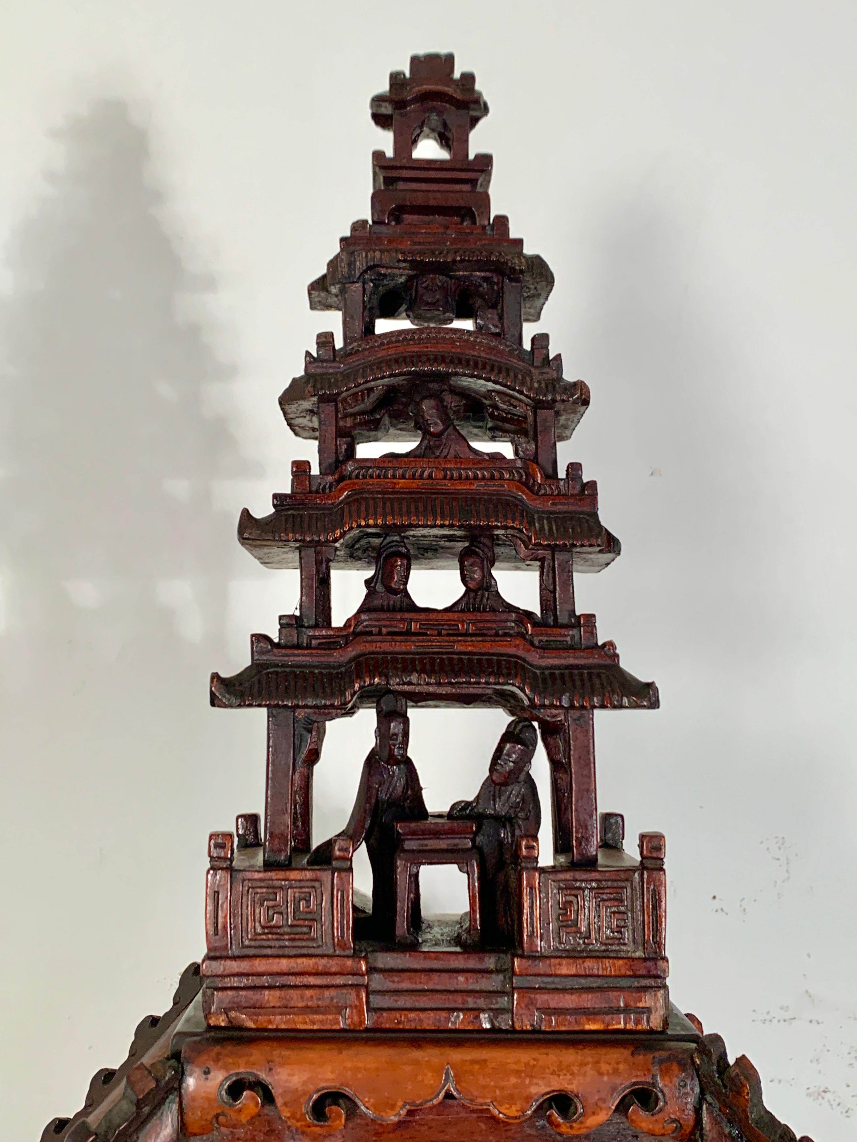 Bone Chinese Peranakan Inlaid Hardwood Pagoda Display Cabinet, Early 20th Century For Sale