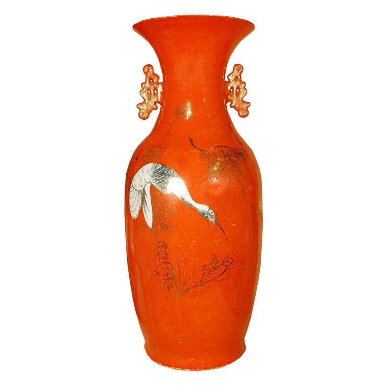 Chinese Persimmon and White Crane Phoenix Tail Vase with Handles For