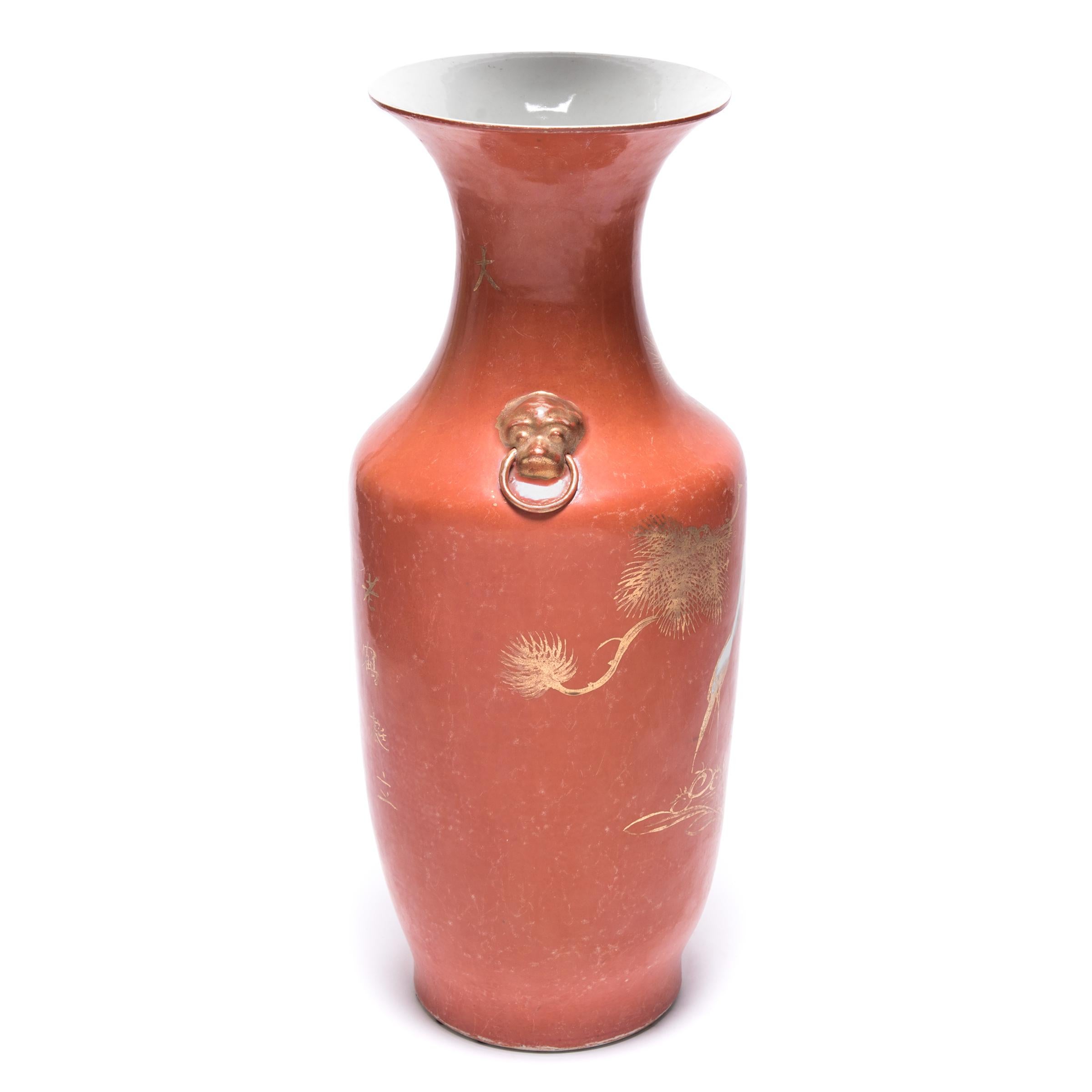 Glazed Chinese Persimmon Crane Phoenix Tail Vase