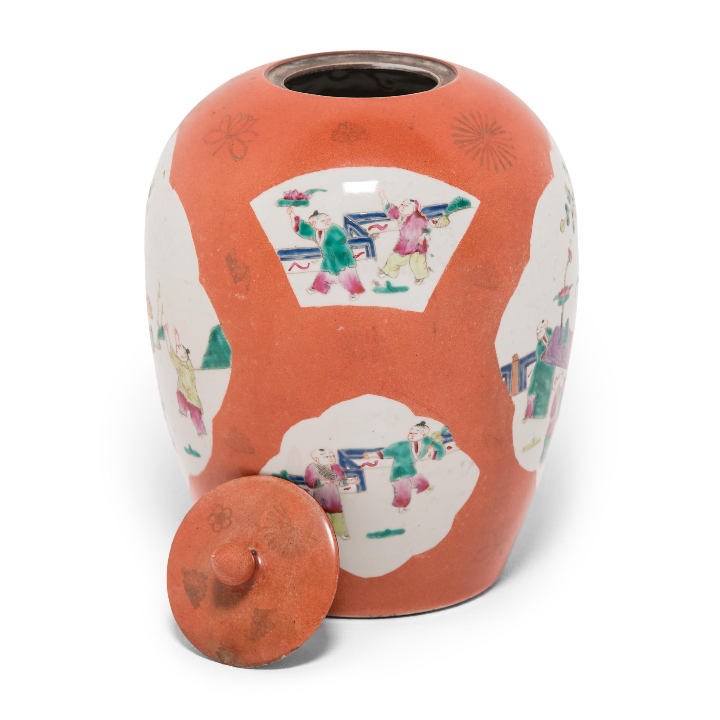 20th Century Chinese Persimmon Ovoid Ginger Jar with Cartouche Paintings, c. 1920s For Sale