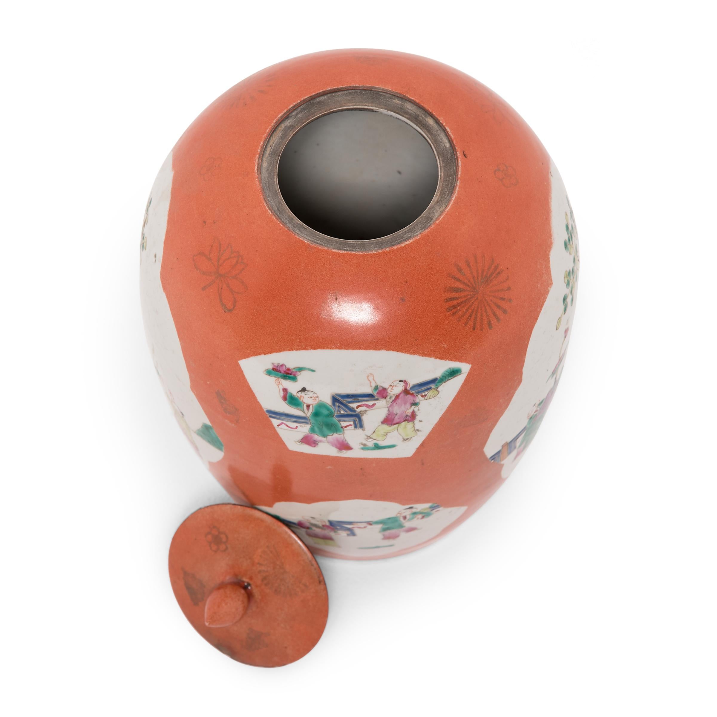 Porcelain Chinese Persimmon Ovoid Ginger Jar with Cartouche Paintings, c. 1920s For Sale