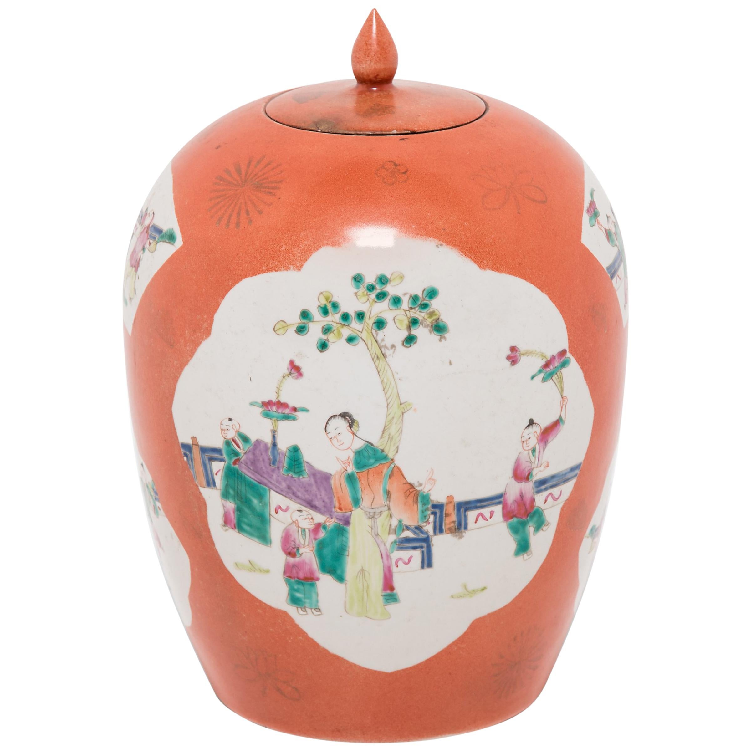 Chinese Persimmon Ovoid Ginger Jar with Cartouche Paintings, c. 1920s For Sale