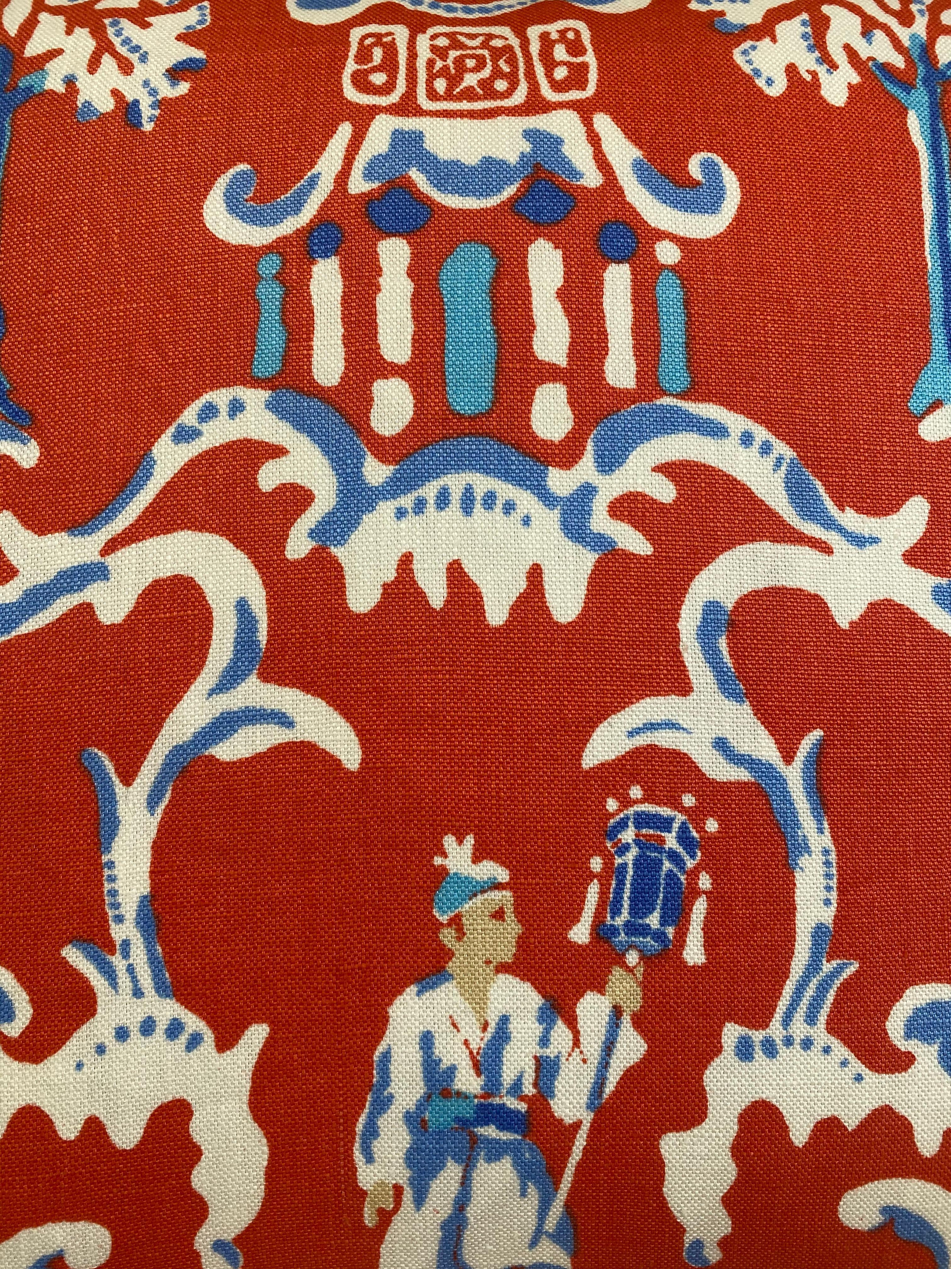 Impression pagode chinoise persane avec détails bleus, lin et dos en passepoil blanc