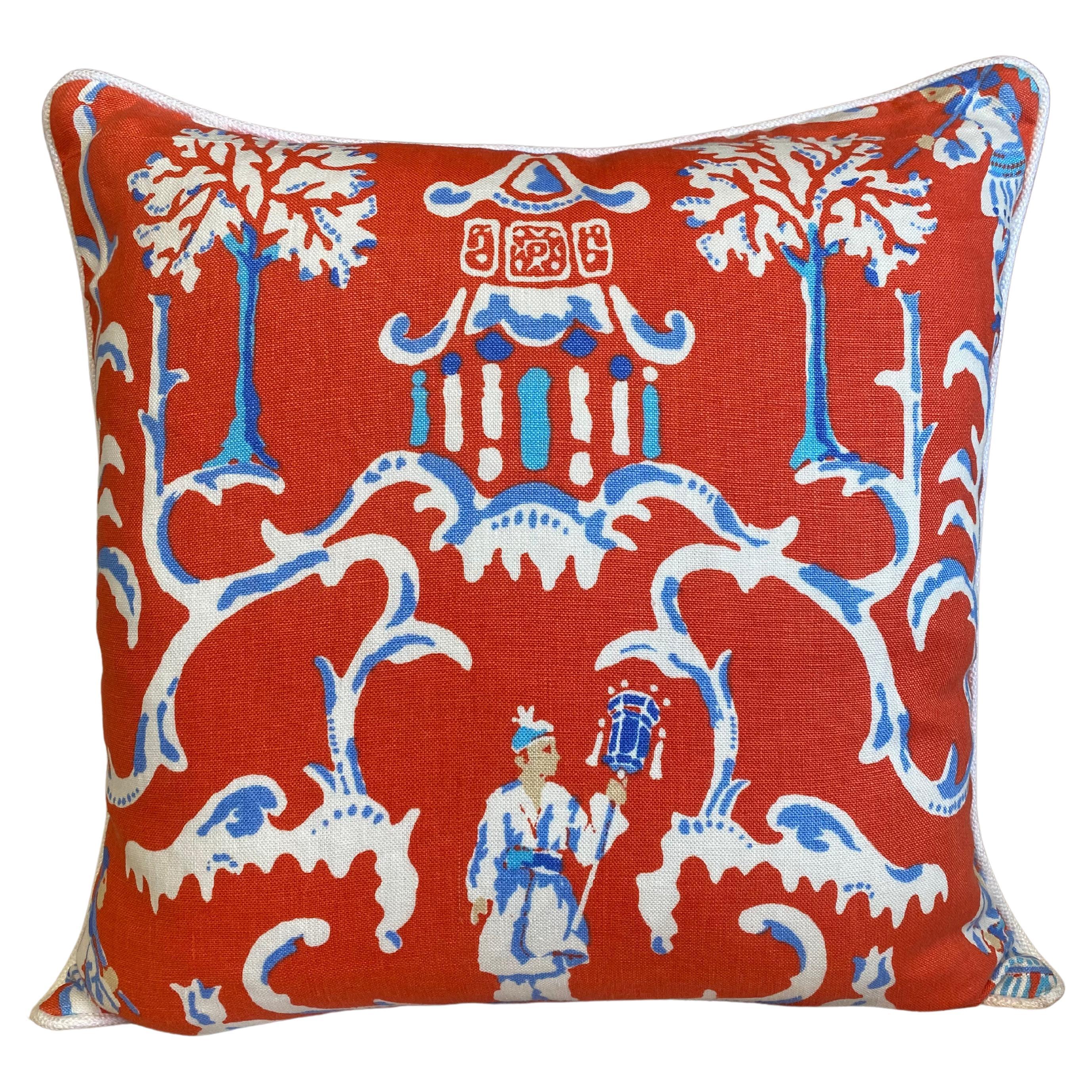 Chinese Persimmon Pagoda Print with Blue Accents White Piping Linen and