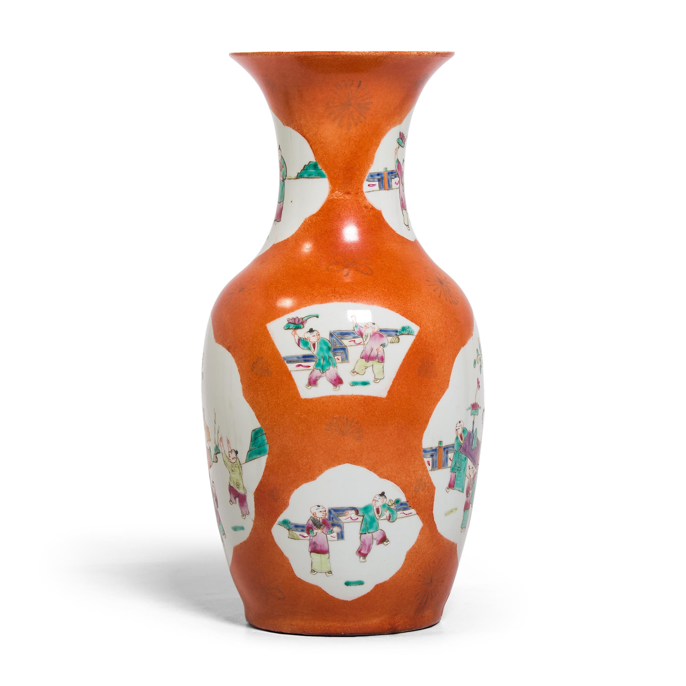 Art Deco Chinese Persimmon Phoenix Tail Vase with Cartouche Paintings, c. 1920s For Sale