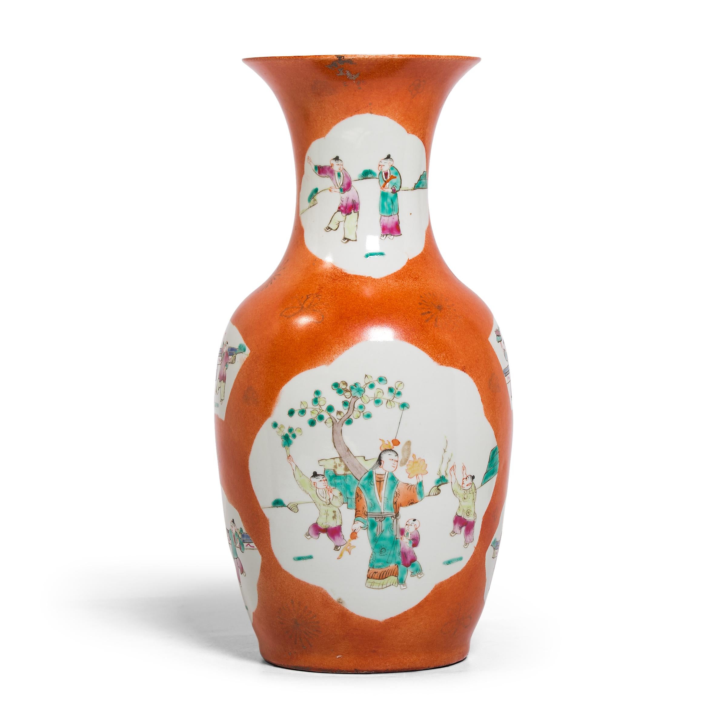 Glazed Chinese Persimmon Phoenix Tail Vase with Cartouche Paintings, c. 1920s For Sale
