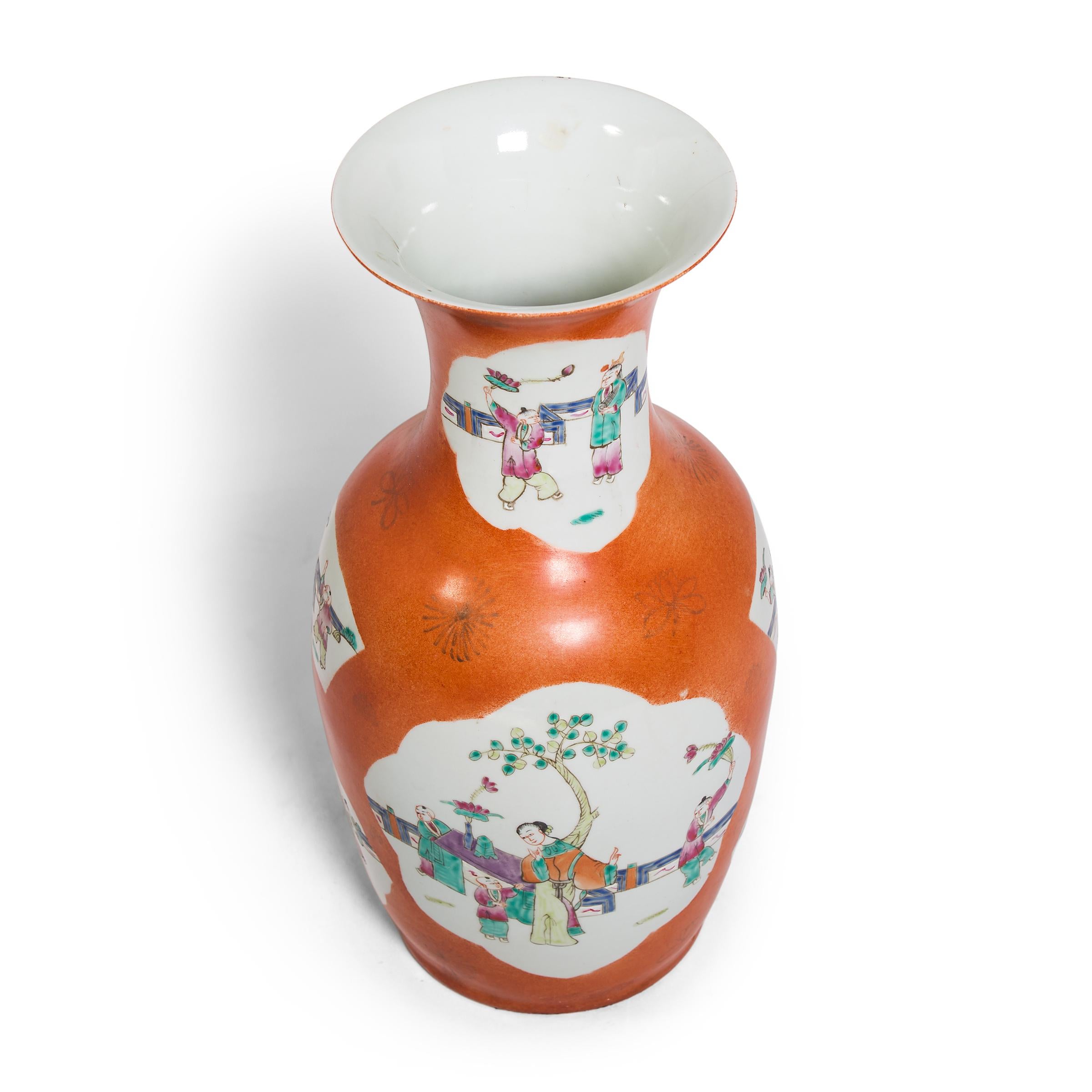 20th Century Chinese Persimmon Phoenix Tail Vase with Cartouche Paintings, c. 1920s For Sale