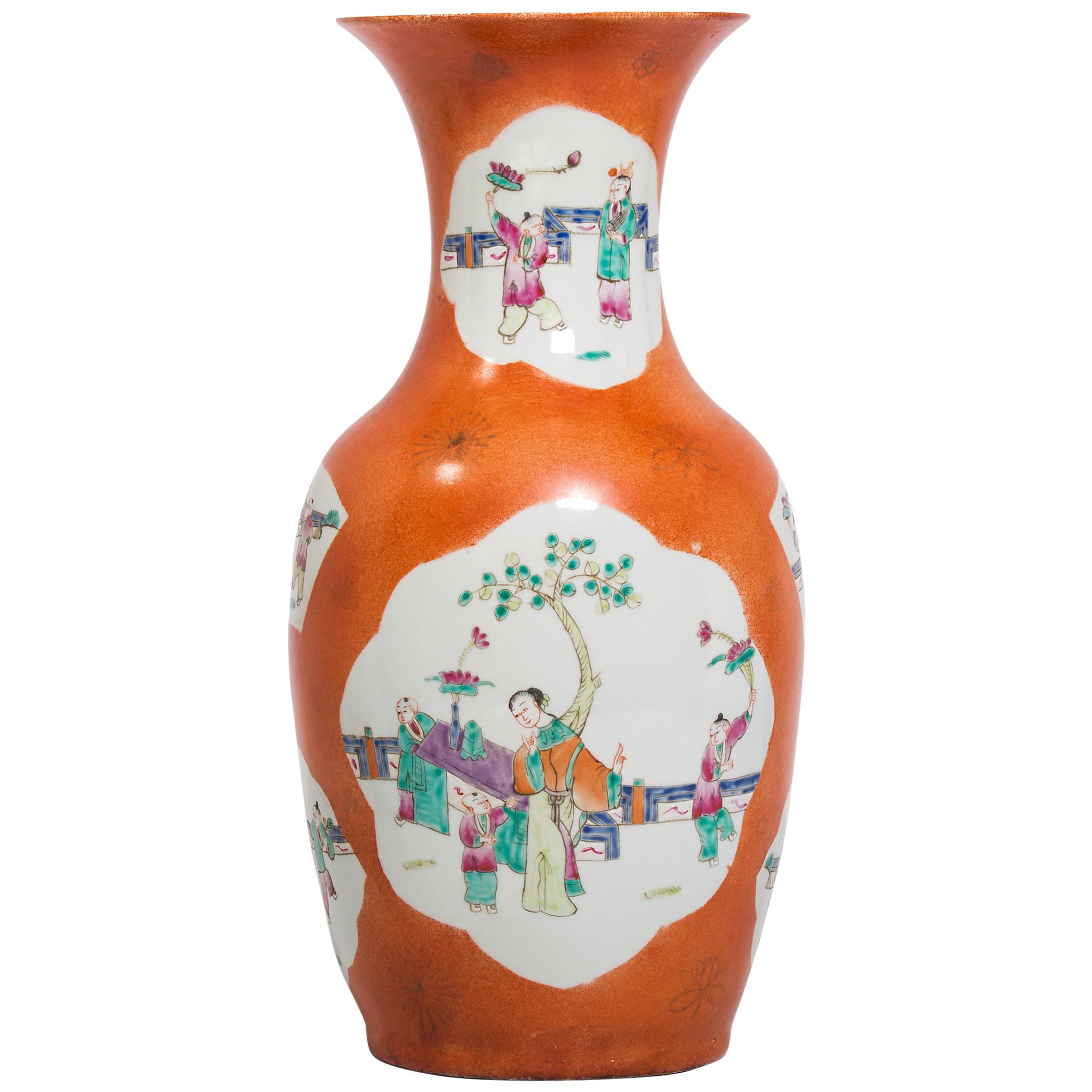 Chinese Persimmon Phoenix Tail Vase with Cartouche Paintings, c. 1920s For Sale