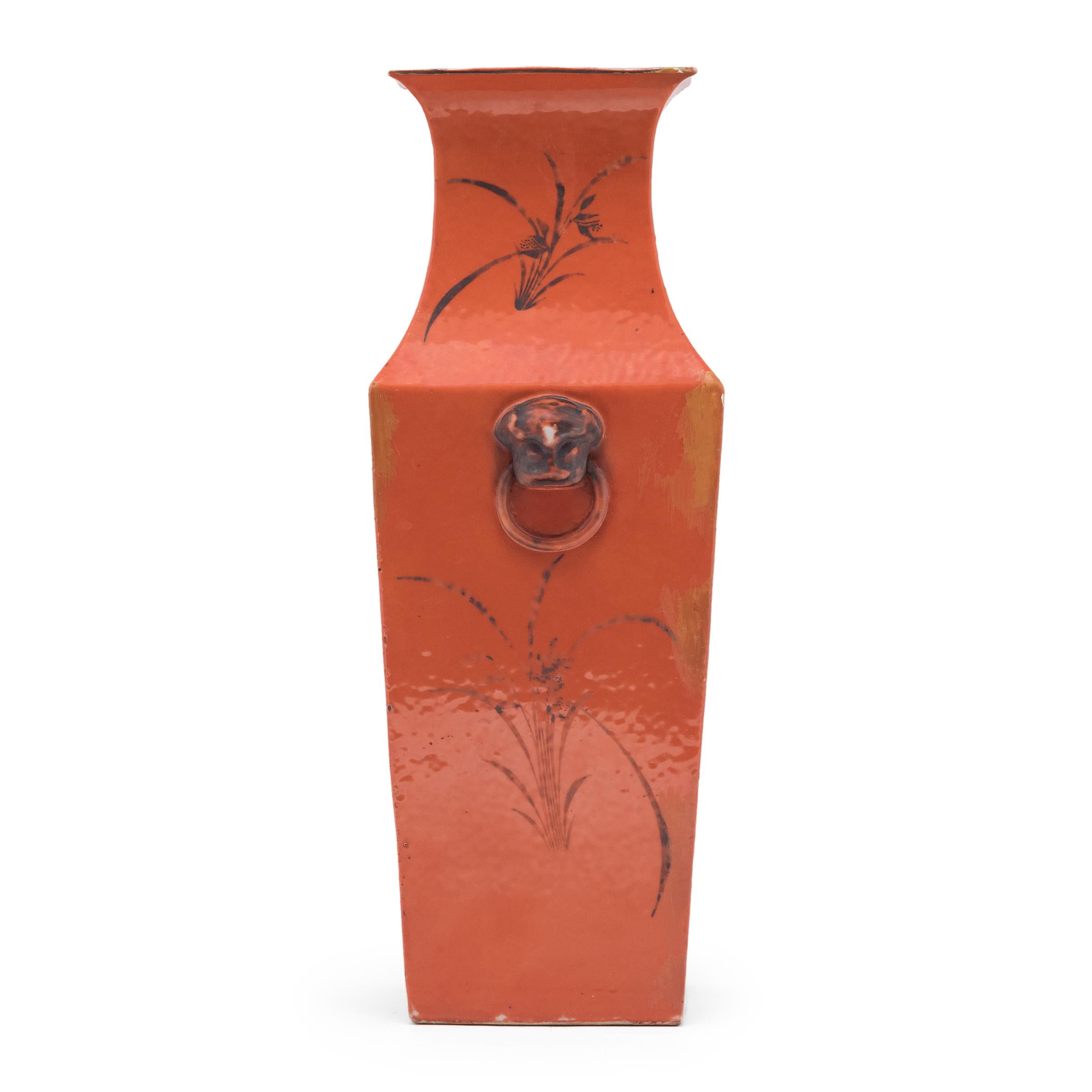 Art Deco Chinese Persimmon Squared Fantail Vase, c. 1920 For Sale