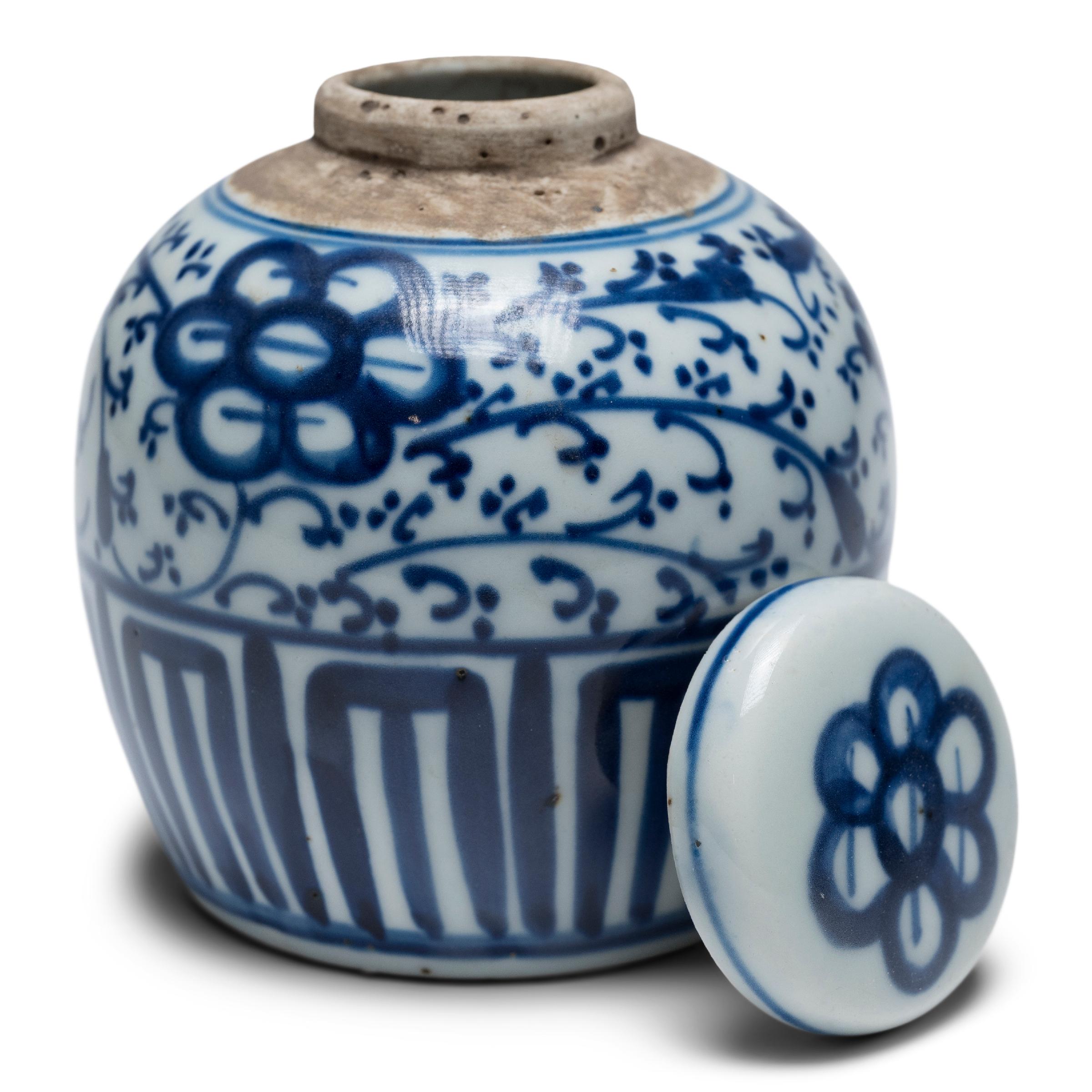 Glazed Chinese Petite Blue & White Floral Jar, c. 1900