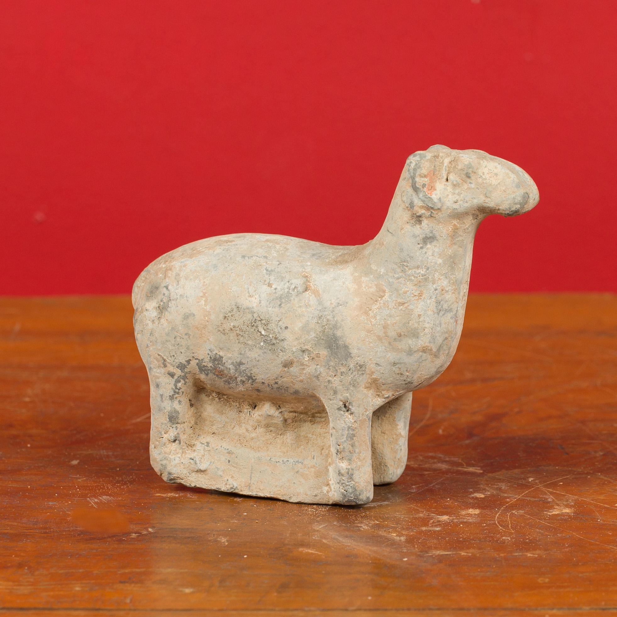 Chinese Petite Han Dynasty Terracotta Sheep Mingqi, circa 202 BC-200 AD In Good Condition In Yonkers, NY