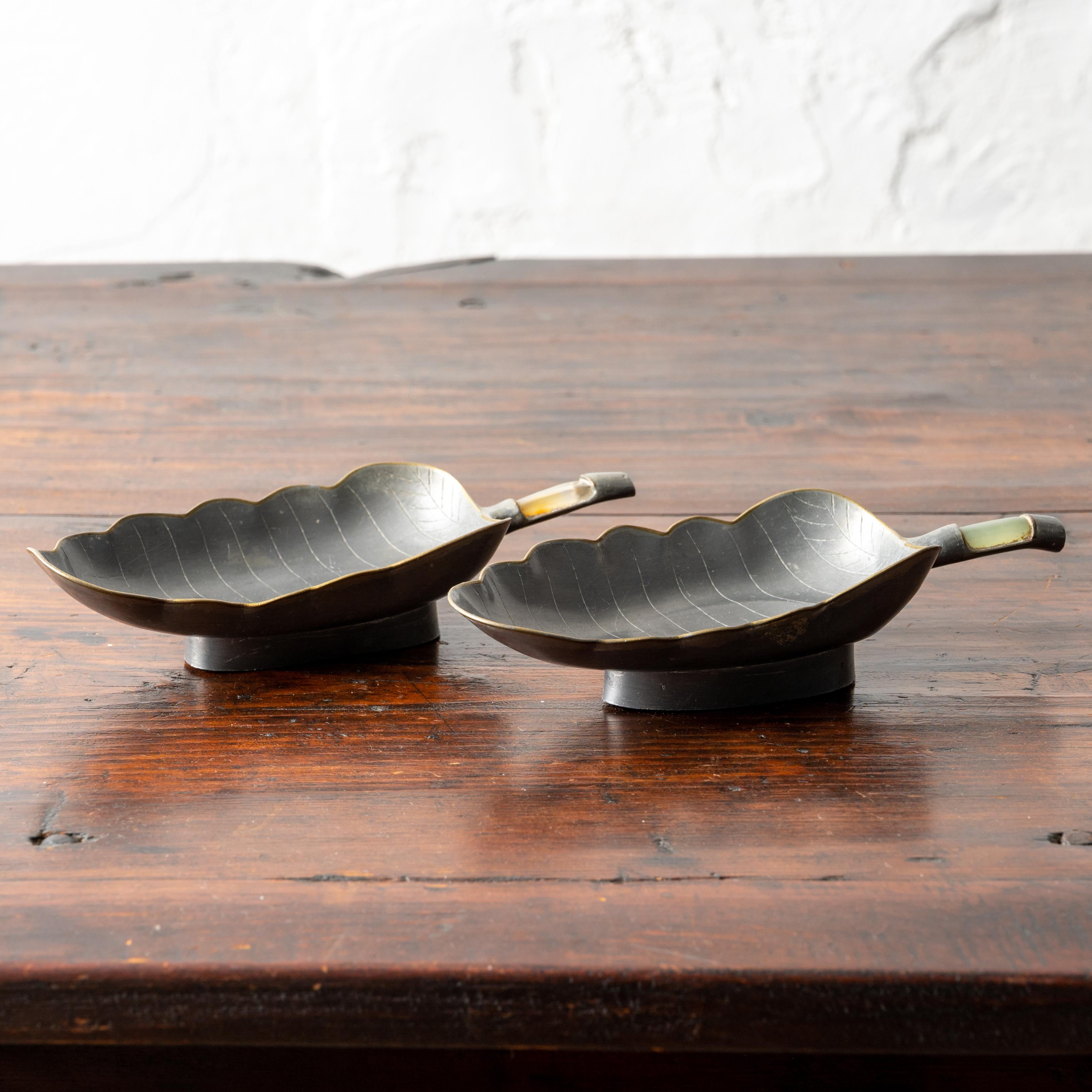 Chinese Pewter and Jade Leaf Dishes - A Pair In Good Condition For Sale In Savannah, GA