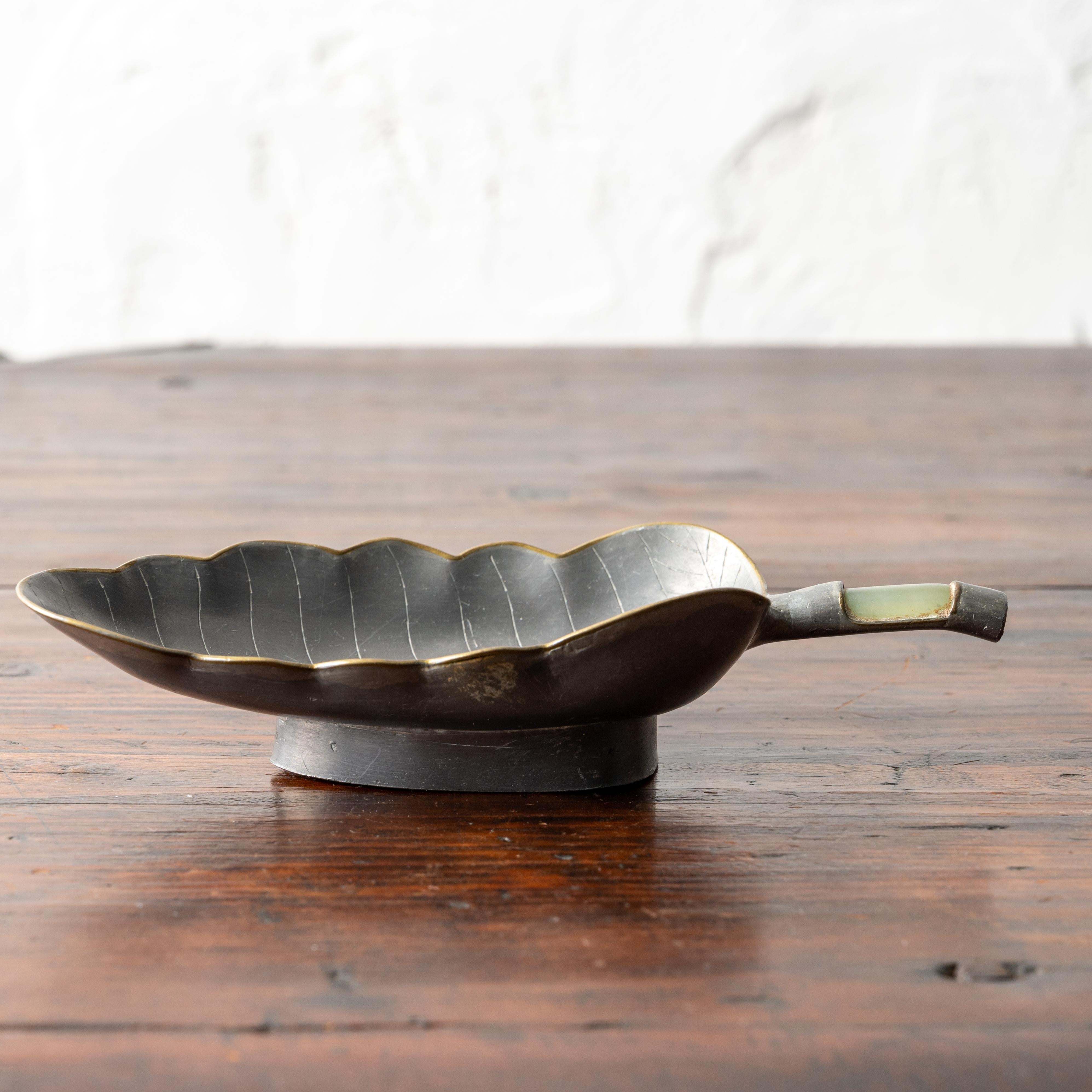 Chinese Pewter and Jade Leaf Dishes - A Pair For Sale 2