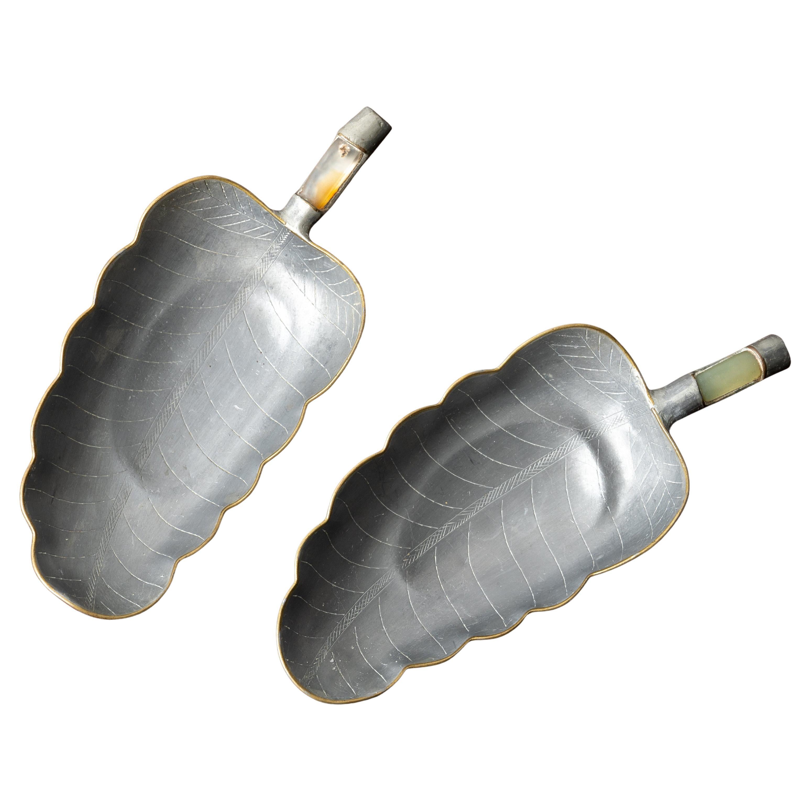 Chinese Pewter and Jade Leaf Dishes - A Pair For Sale