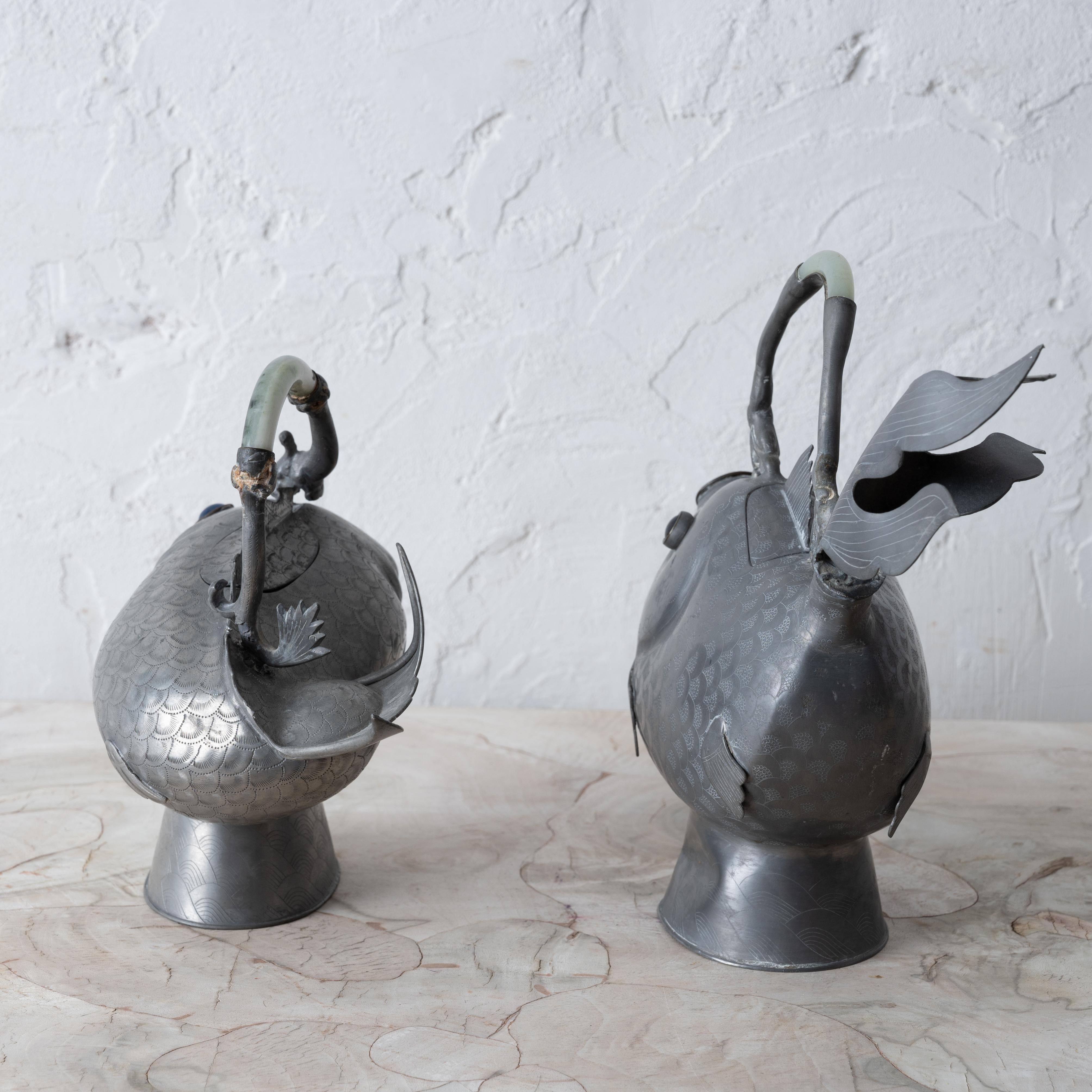 Chinese Pewter Koi Fish Teapots, 19th Century For Sale 11
