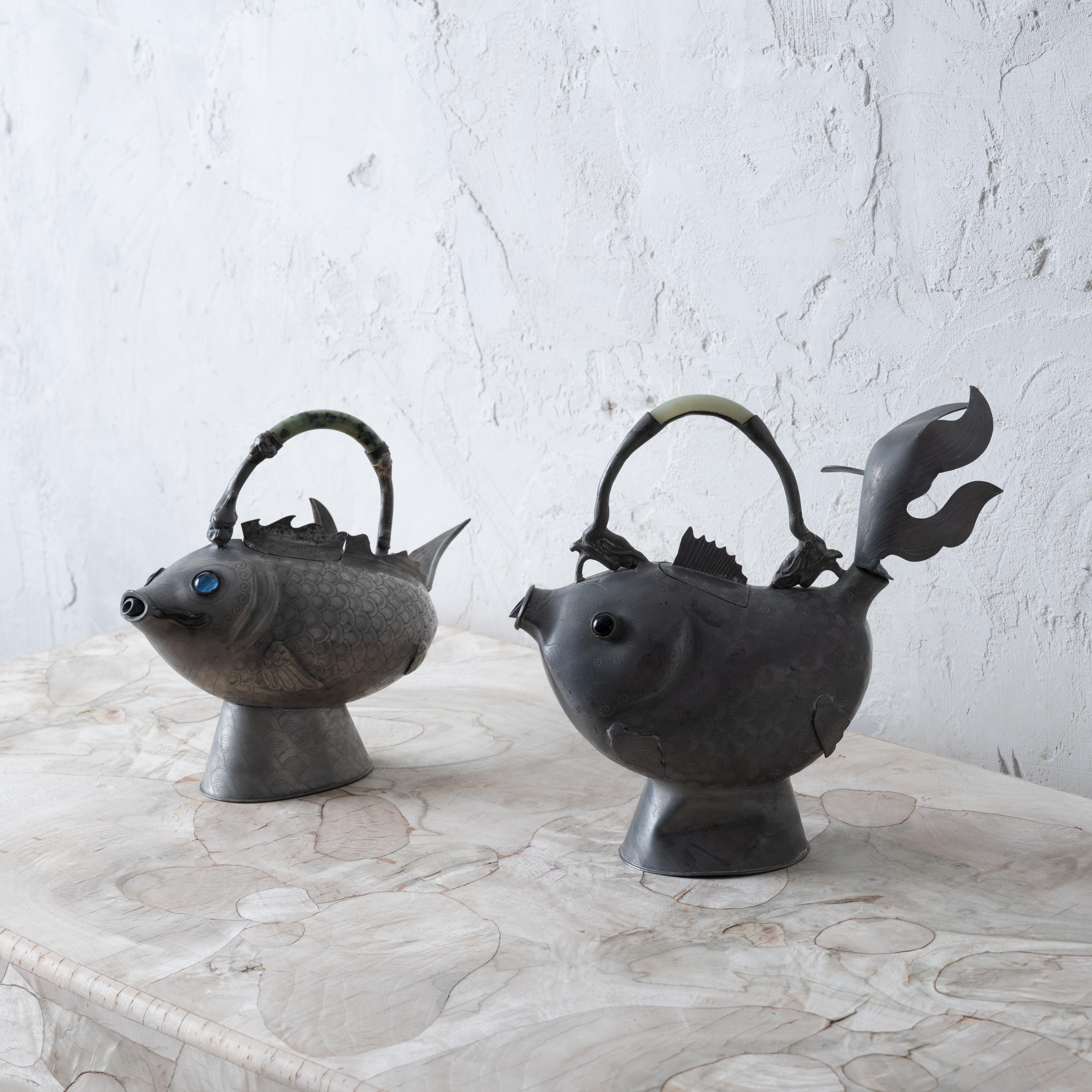 Chinese Pewter Koi Fish Teapots, 19th Century In Good Condition For Sale In Savannah, GA