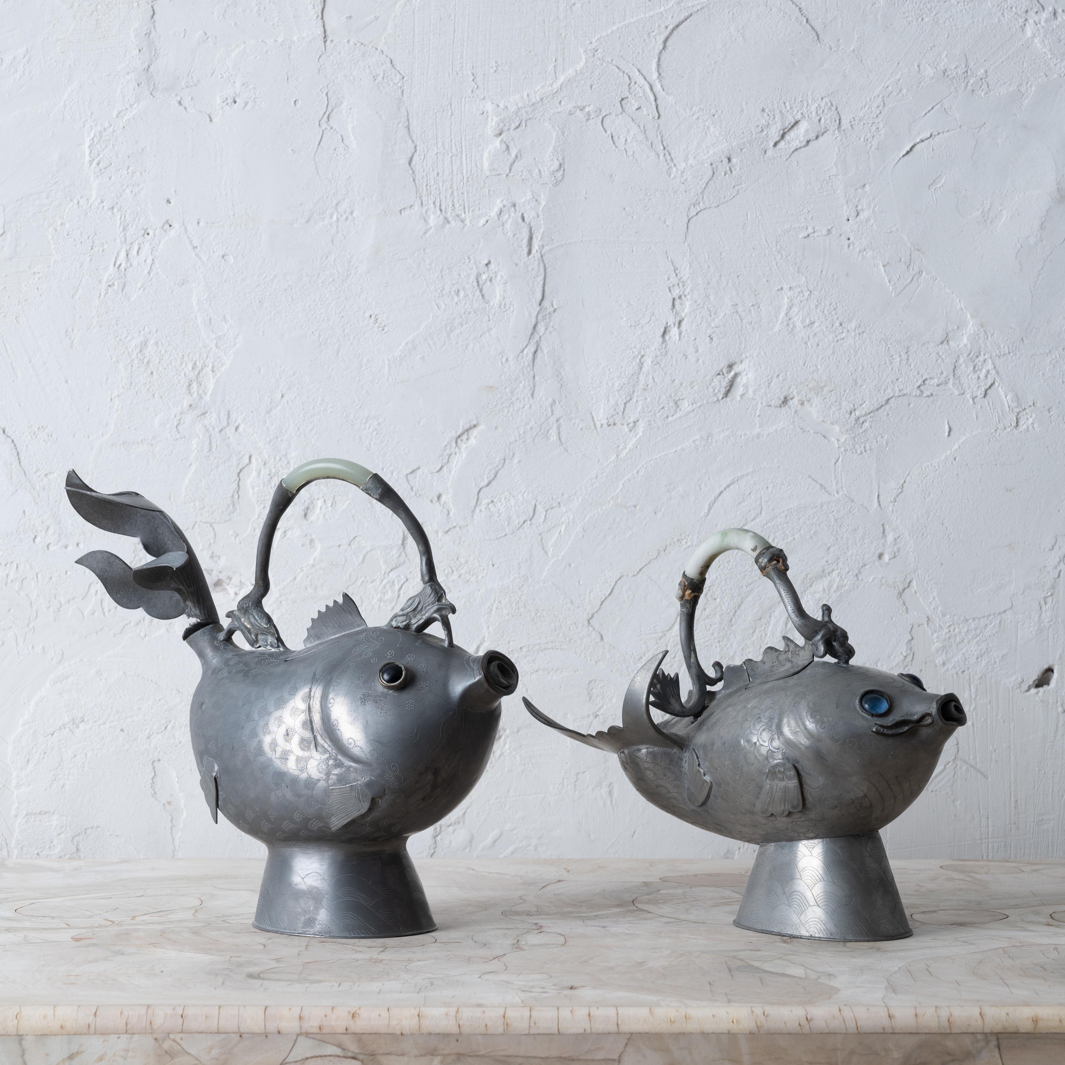 Chinese Pewter Koi Fish Teapots, 19th Century For Sale 1