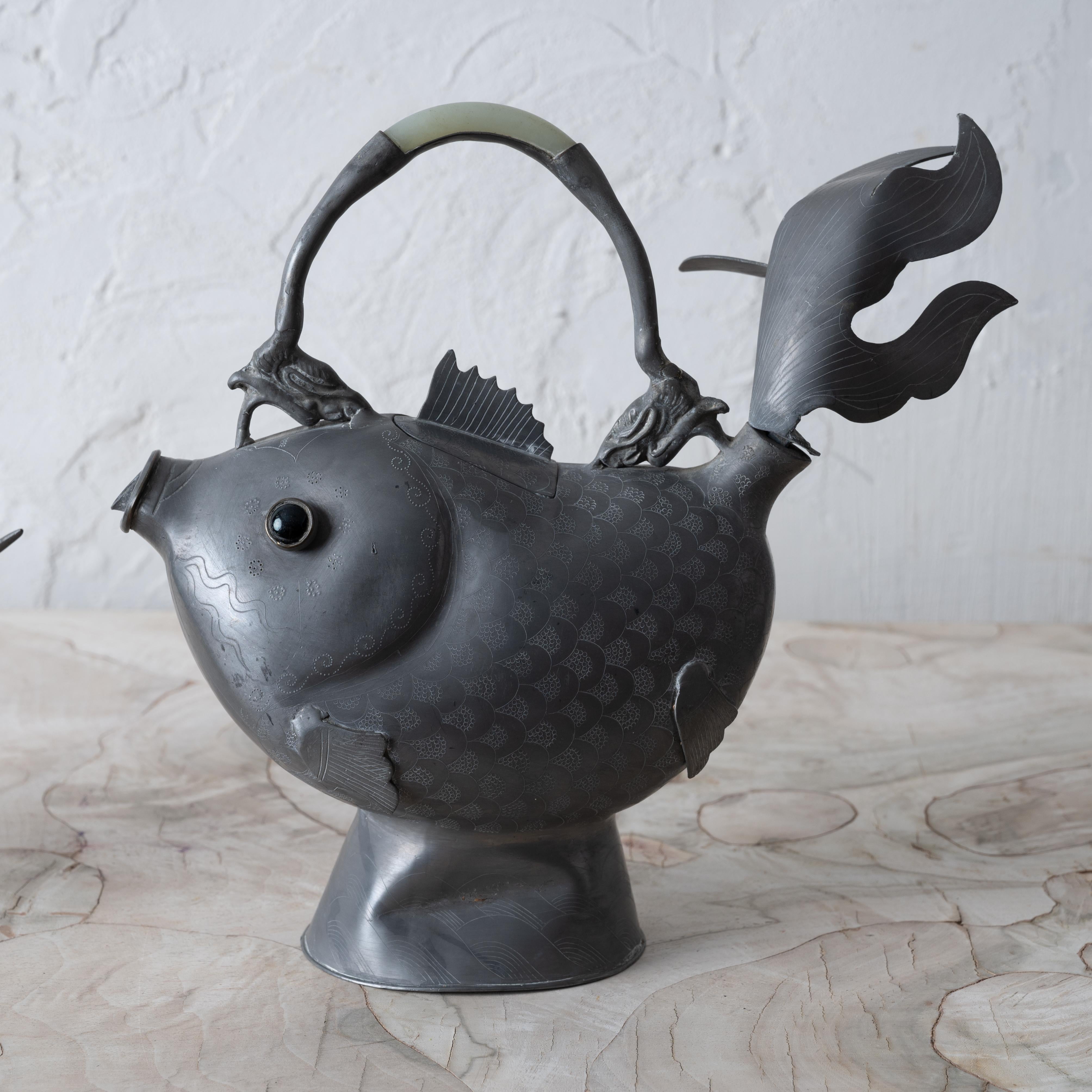 Chinese Pewter Koi Fish Teapots, 19th Century For Sale 4