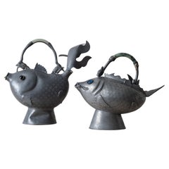 Chinese Pewter Koi Fish Teapots, 19th Century