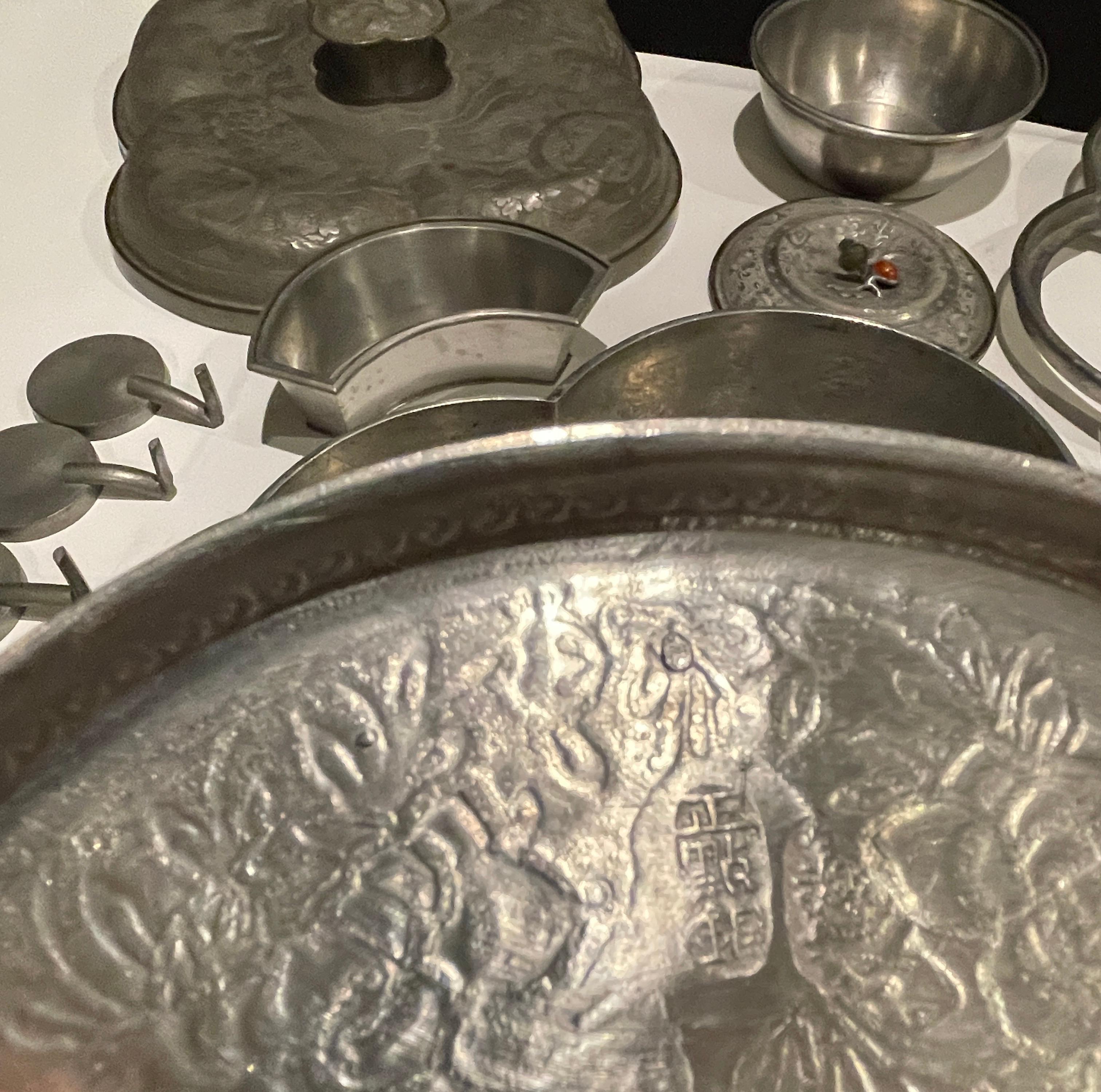 Chinese Pewter Lobed Hot Water Dish/Supper Set 4