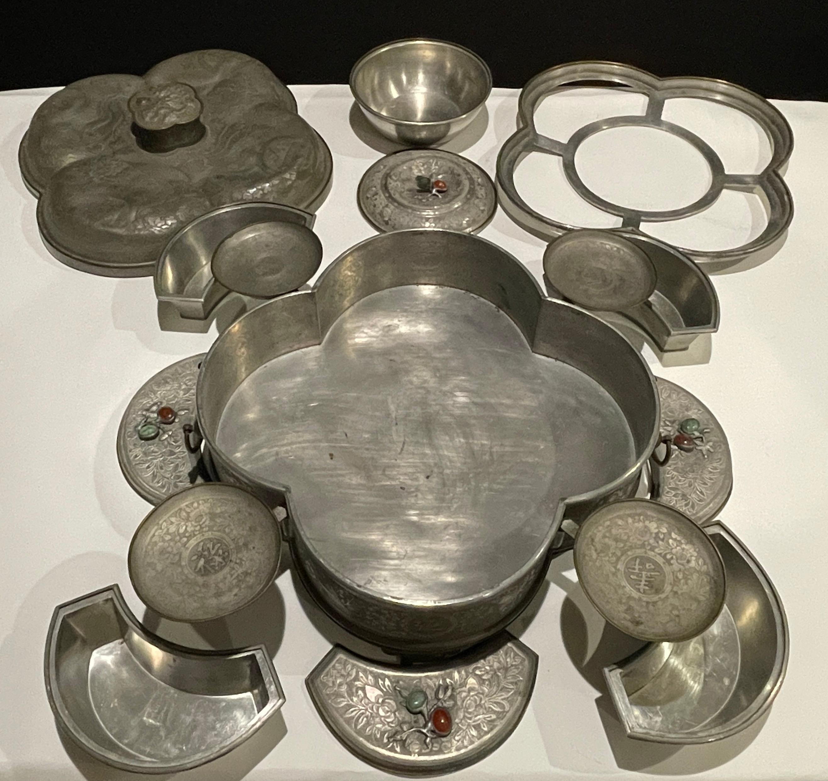 Chinese Pewter Lobed Hot Water Dish/Supper Set 1