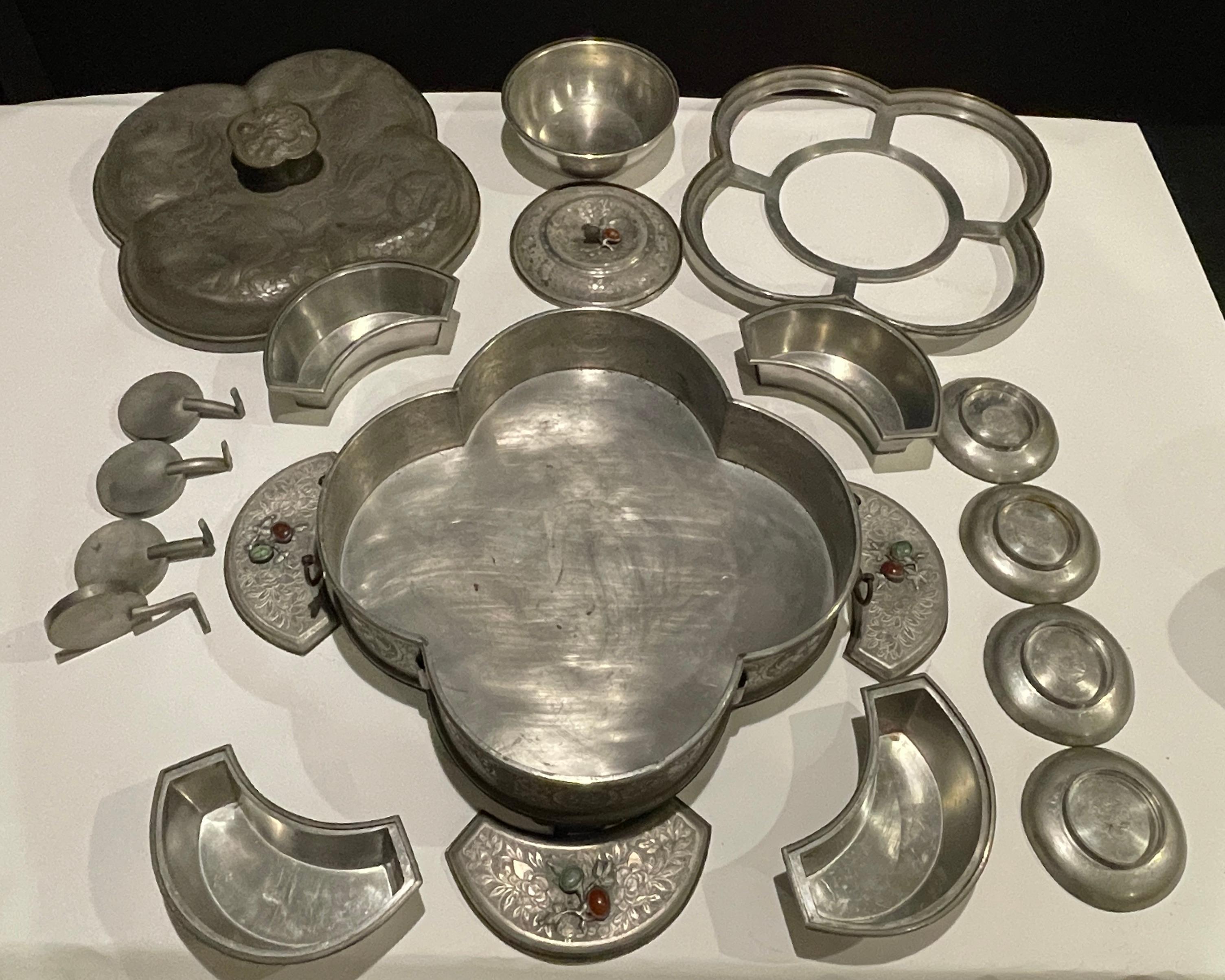 Chinese Pewter Lobed Hot Water Dish/Supper Set 2