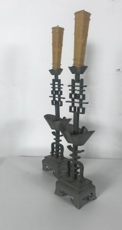 Chinese Pewter Marked Candle Sticks "Double-Happiness" Qing Dynasty, 1890s