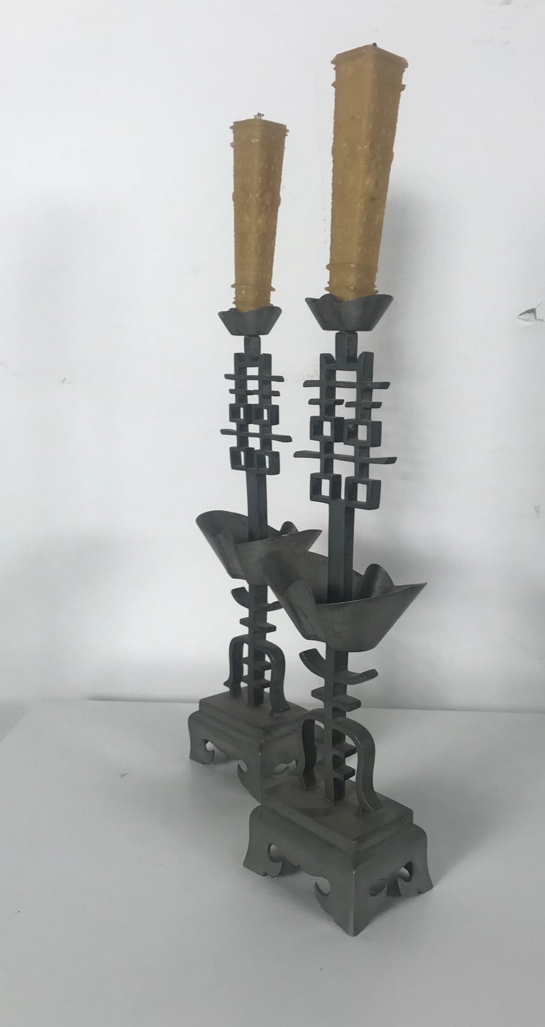Chinese Pewter Marked Candle Sticks "DoubleHappiness" Qing Dynasty