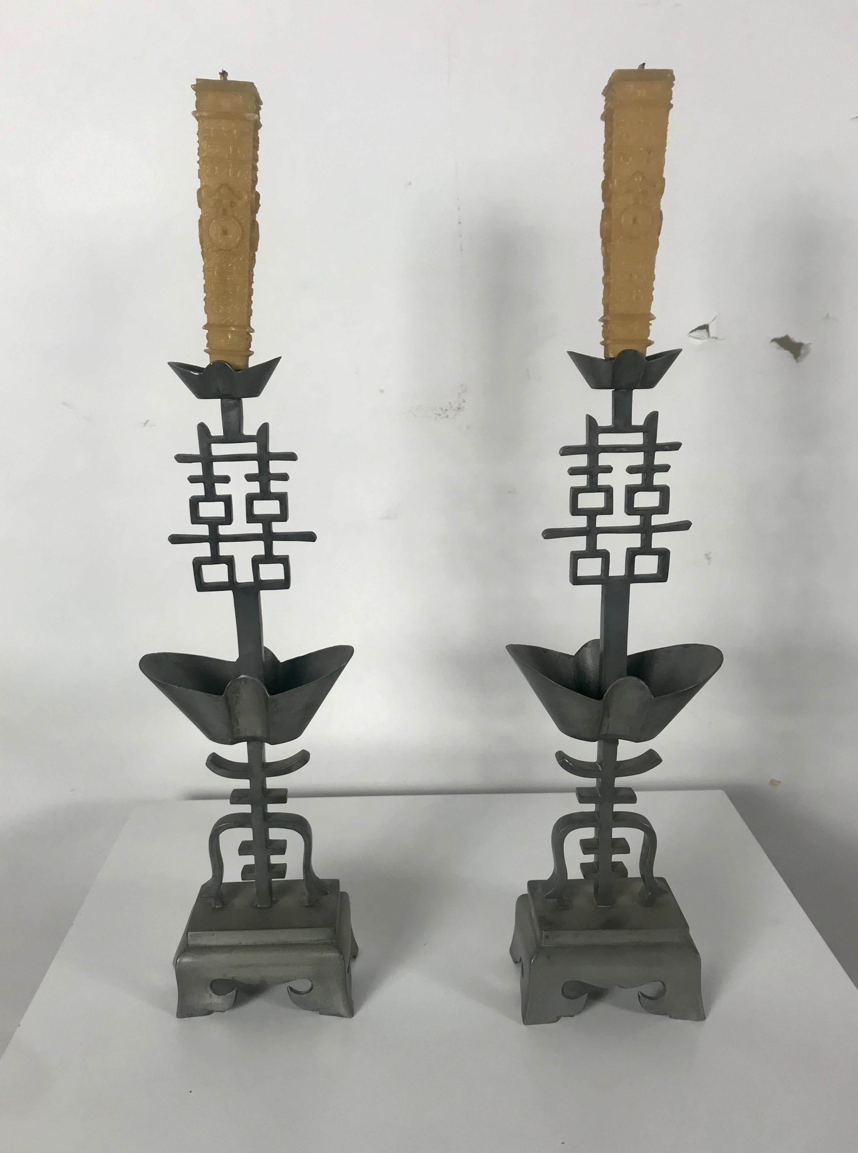 Hand-Crafted Chinese Pewter Marked Candle Sticks 